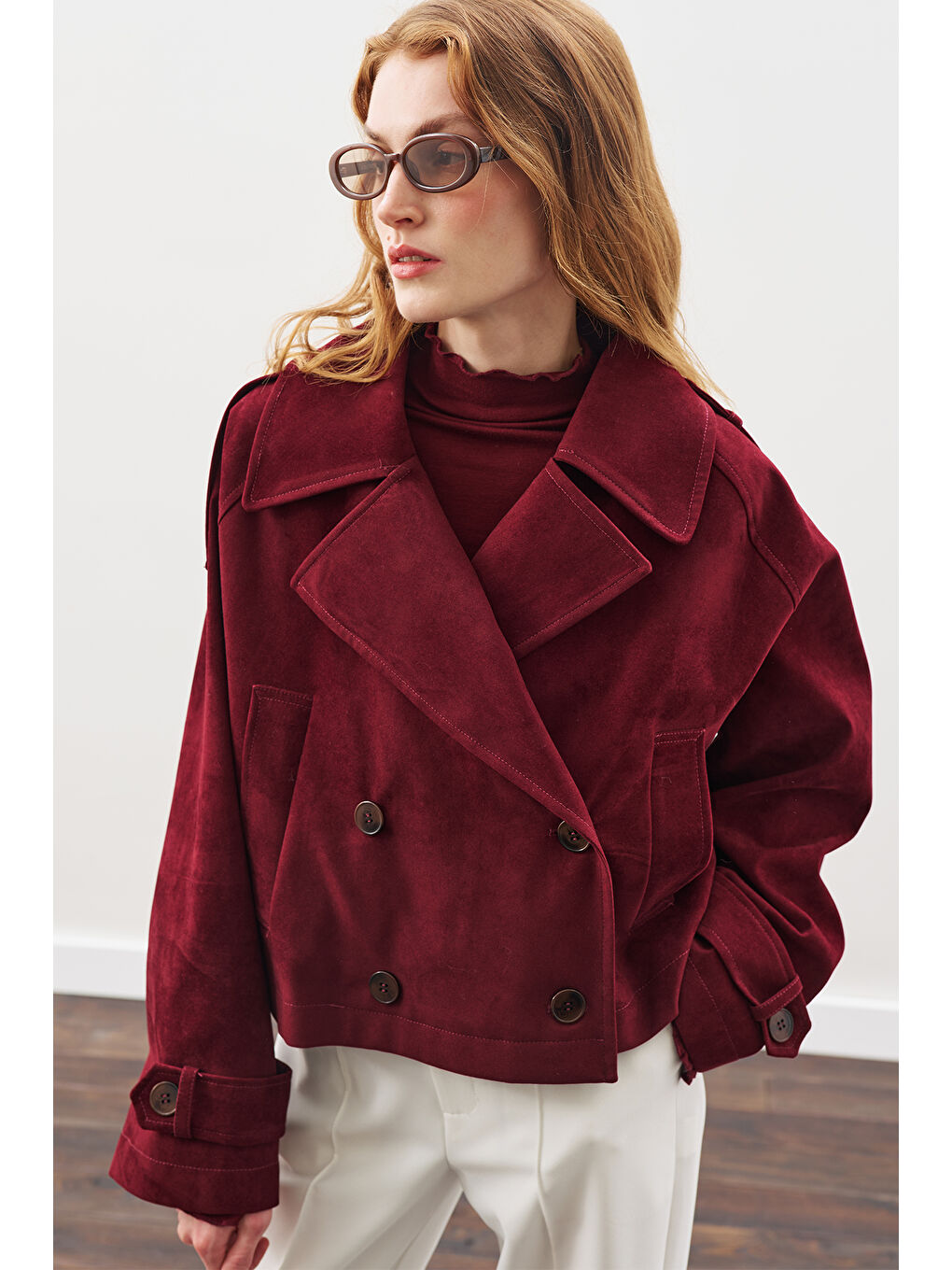 Süet Trenç Ceket Bordo-3