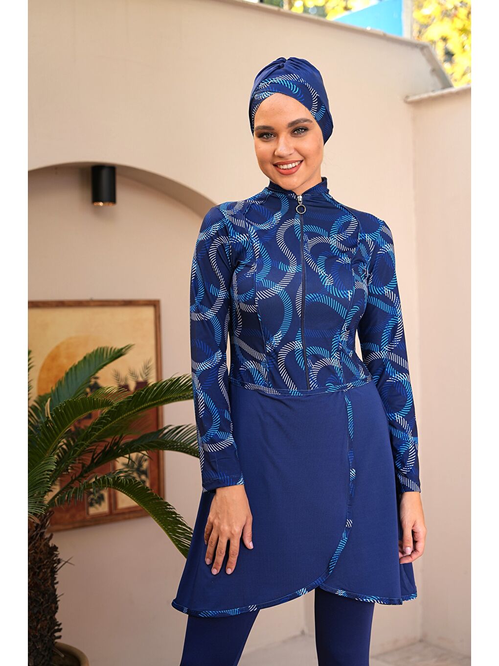 Lacivert Desenli Fermuarlı Pareo Model Taytlı Kapalı Tesettür Mayo 3740-3