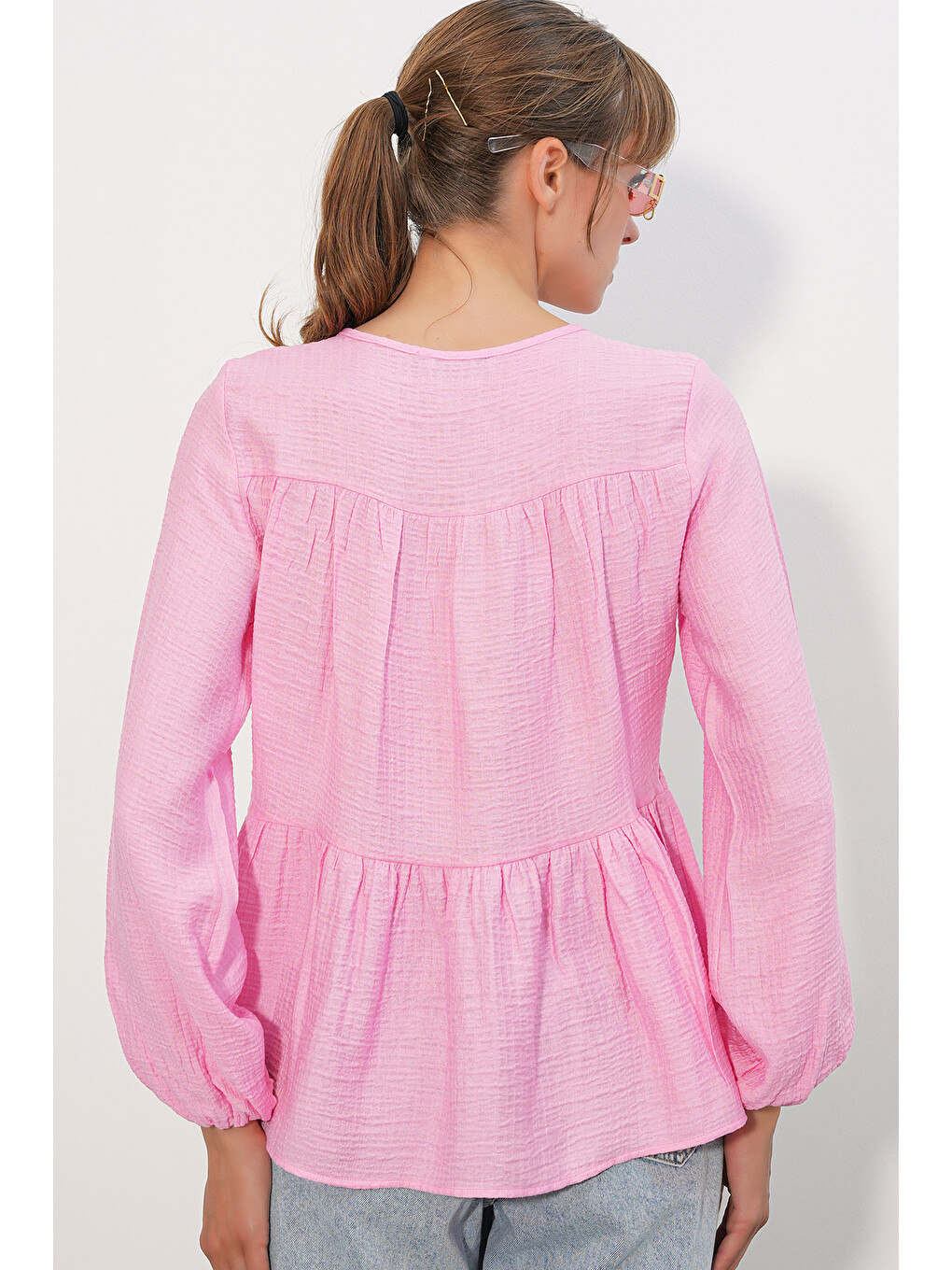 Kadın Uzun Kol Dokulu Bluz 998 - Pembe-5