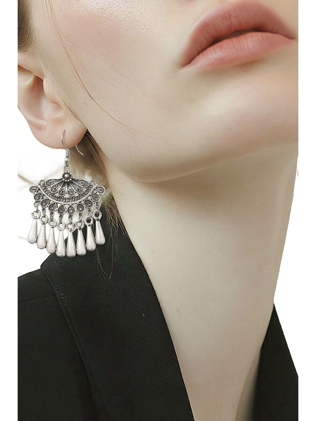 Gri Kadın Antik Gümüş Kaplama Telkari Görünümlü Küpe-2