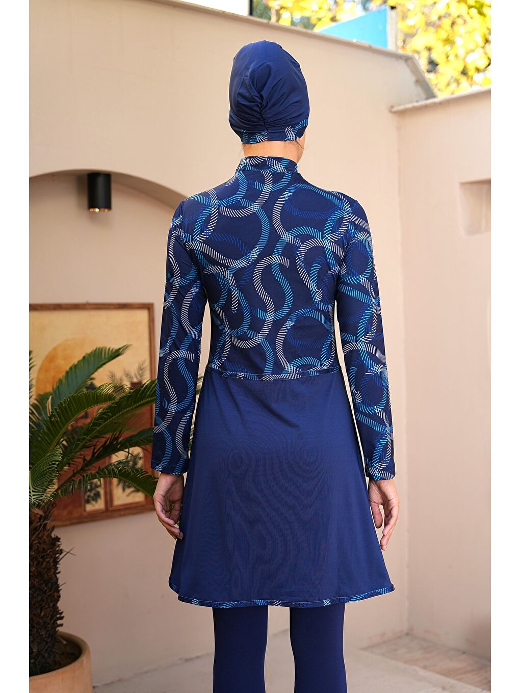 Lacivert Desenli Fermuarlı Pareo Model Taytlı Kapalı Tesettür Mayo 3740-4