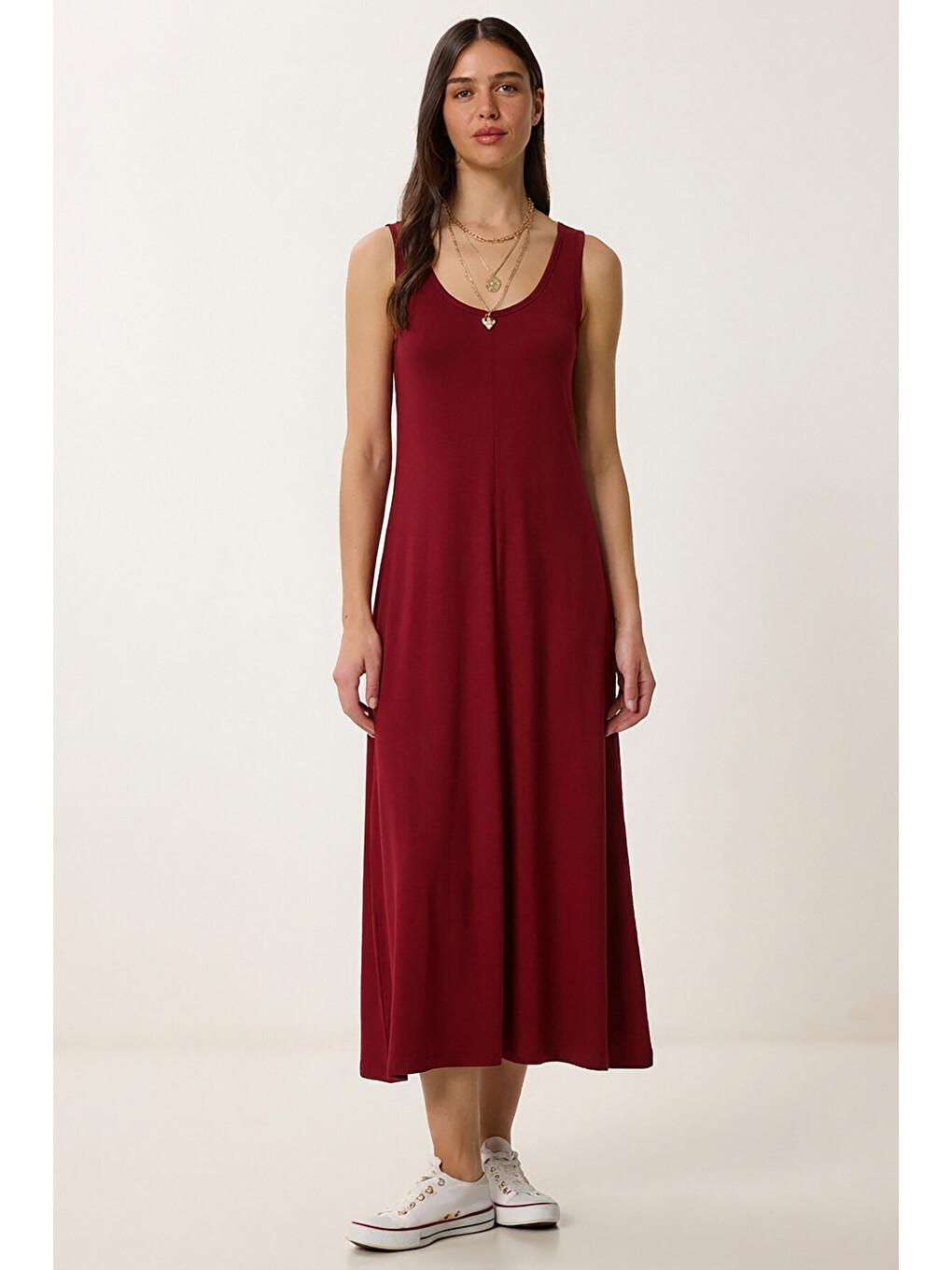 Bordo Kolsuz Basic Yazlık Örme Elbise BORDO LCR0057
