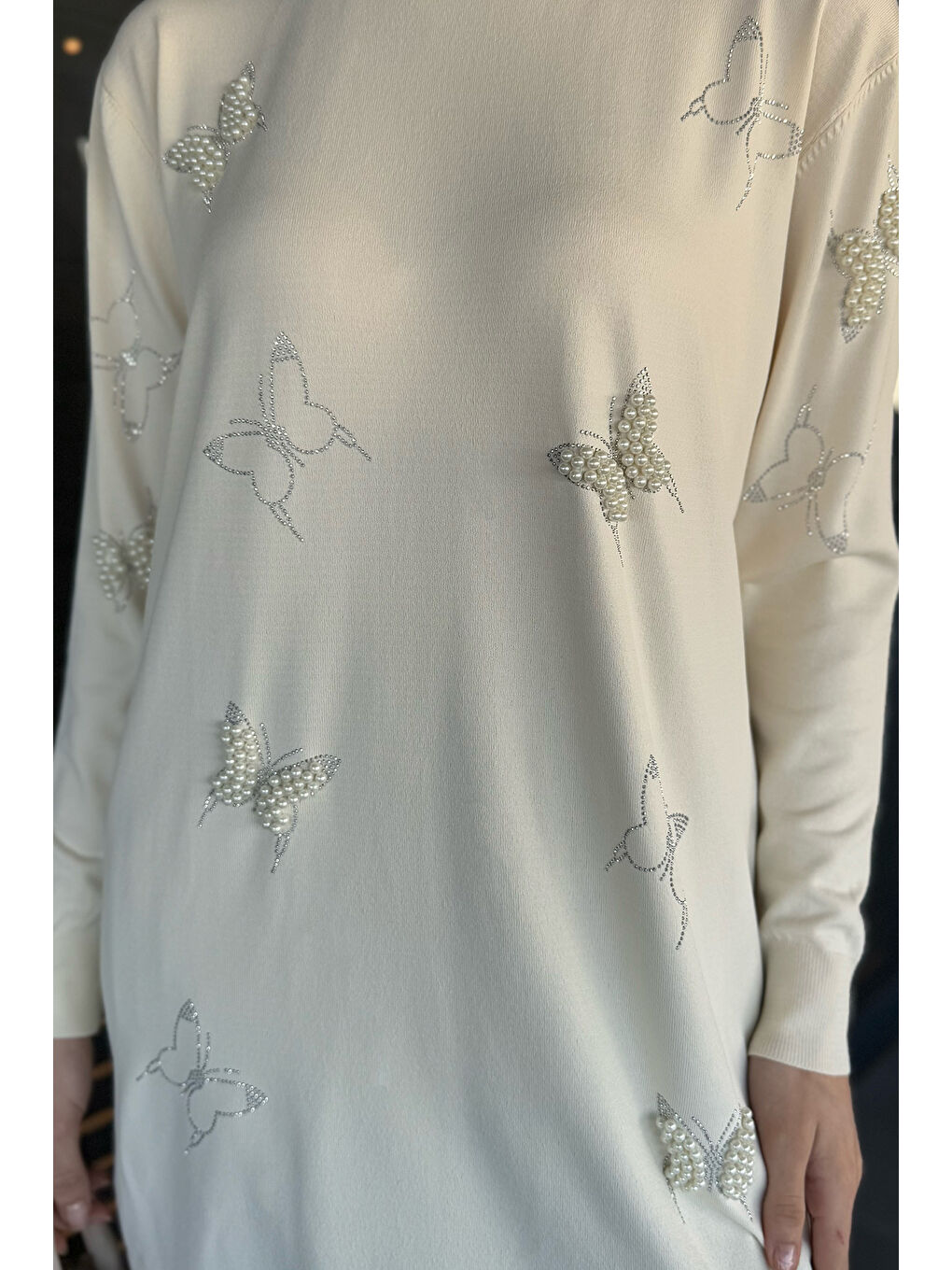 Bej Kelebek Taşlı Bisiklet Yaka Tesettür Tunik-4