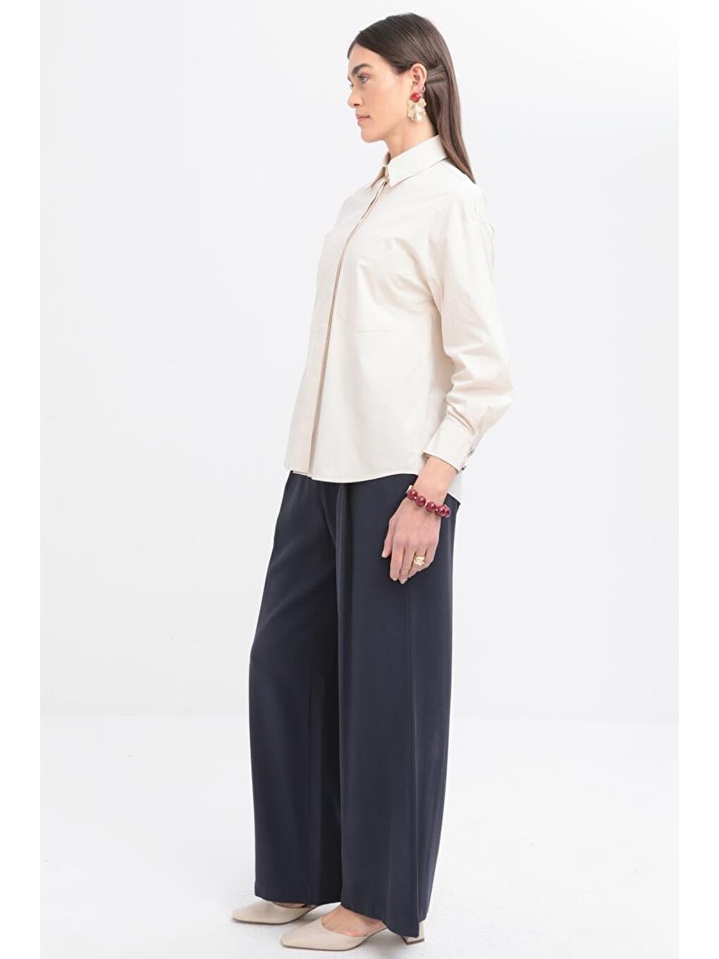 Bej Taş-Kolu Büzgülü Poplin Gömlek-1