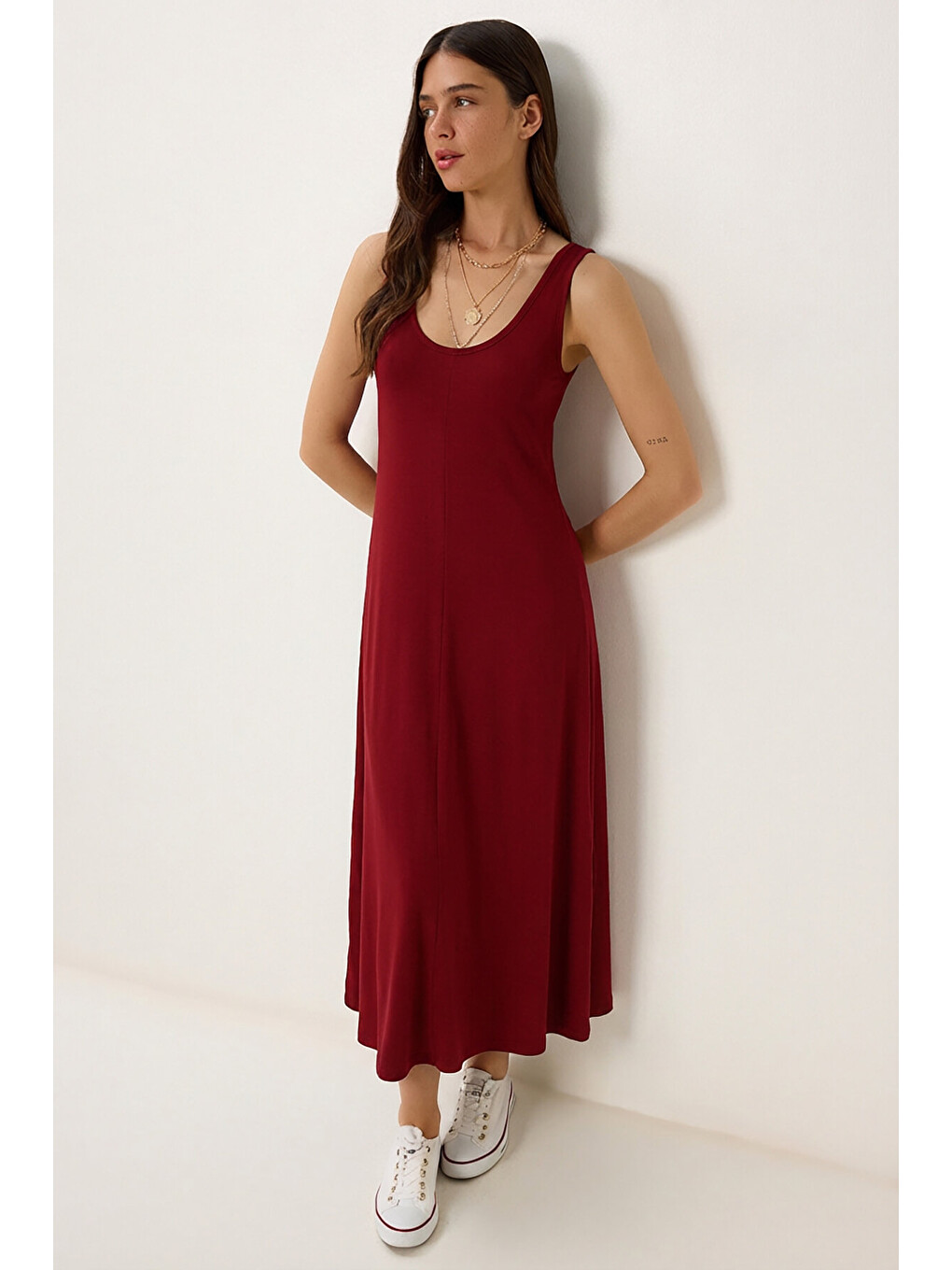 Bordo Kolsuz Basic Yazlık Örme Elbise BORDO LCR0057-1