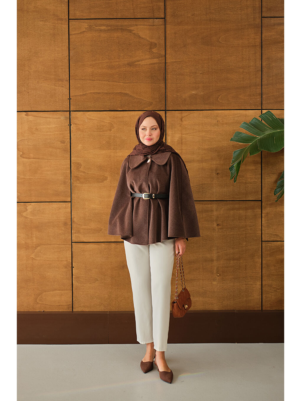 Kadın Kemerli Pelüş Panço Kahverengi-2