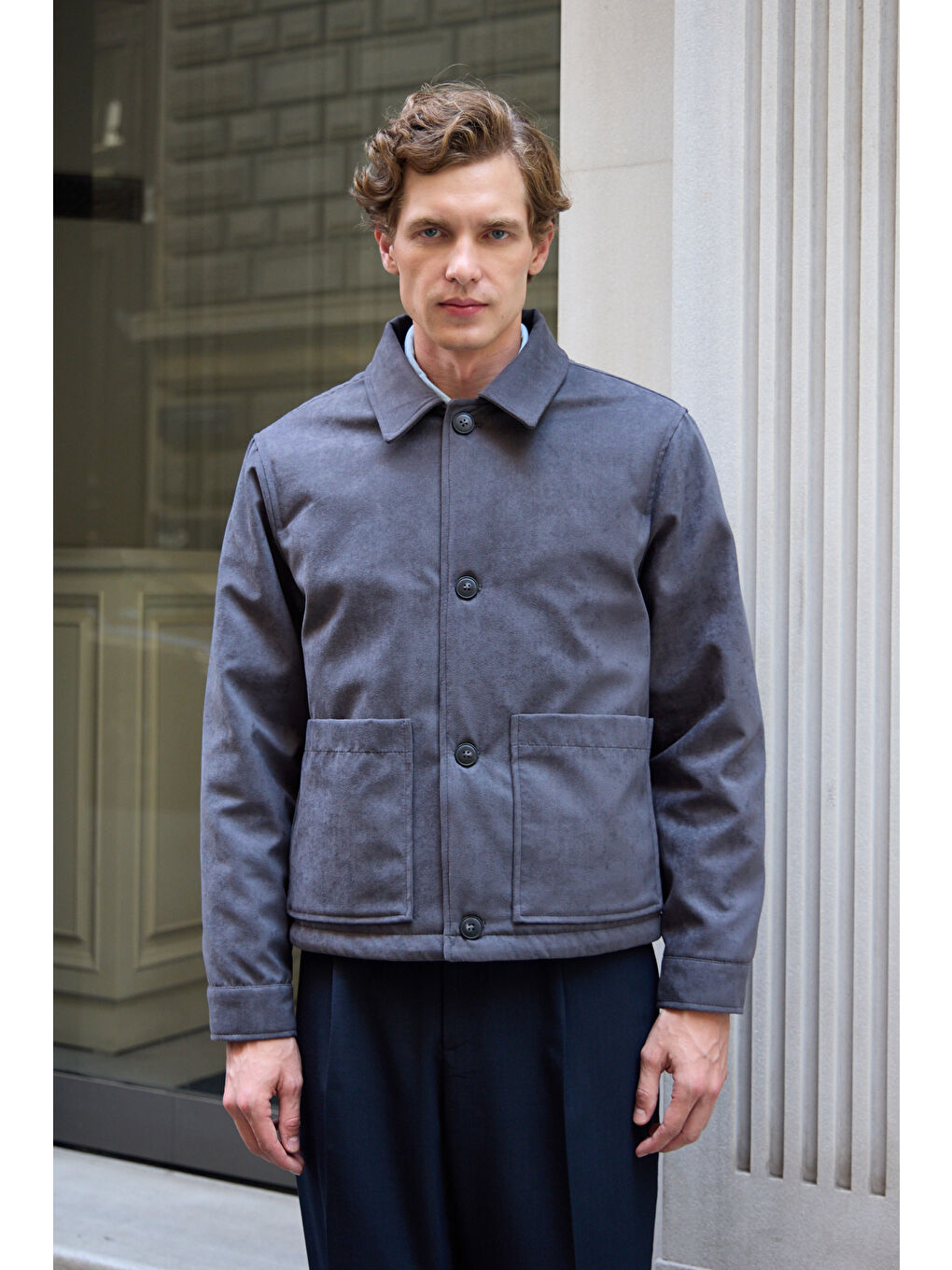 Erkek Süet Kapitoneli Mont Ceket Antrasit-5