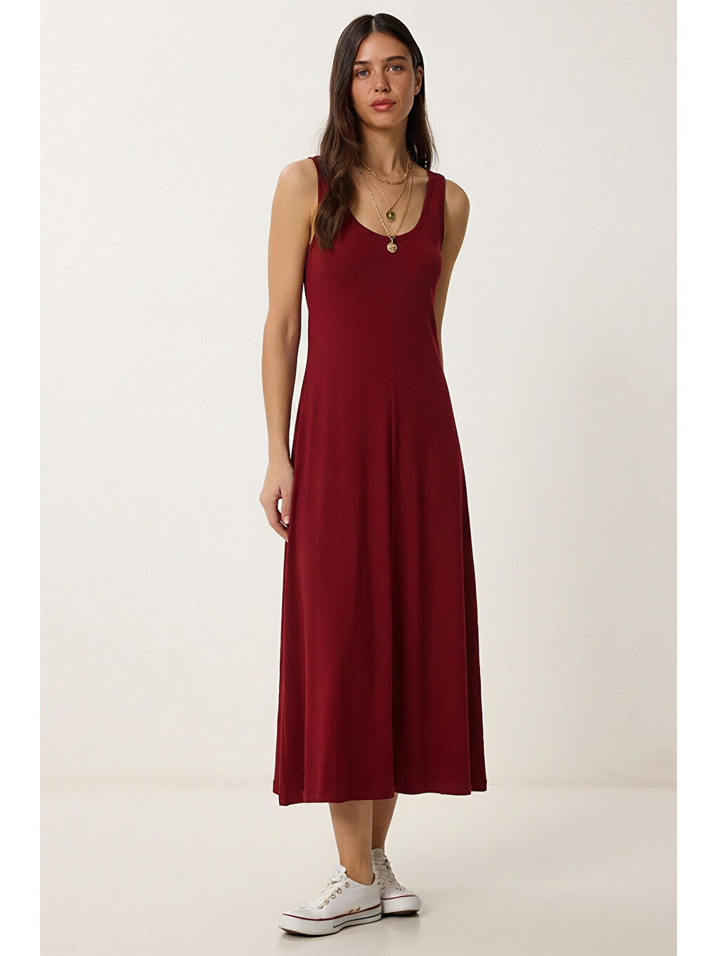 Bordo Kolsuz Basic Yazlık Örme Elbise BORDO LCR0057-2