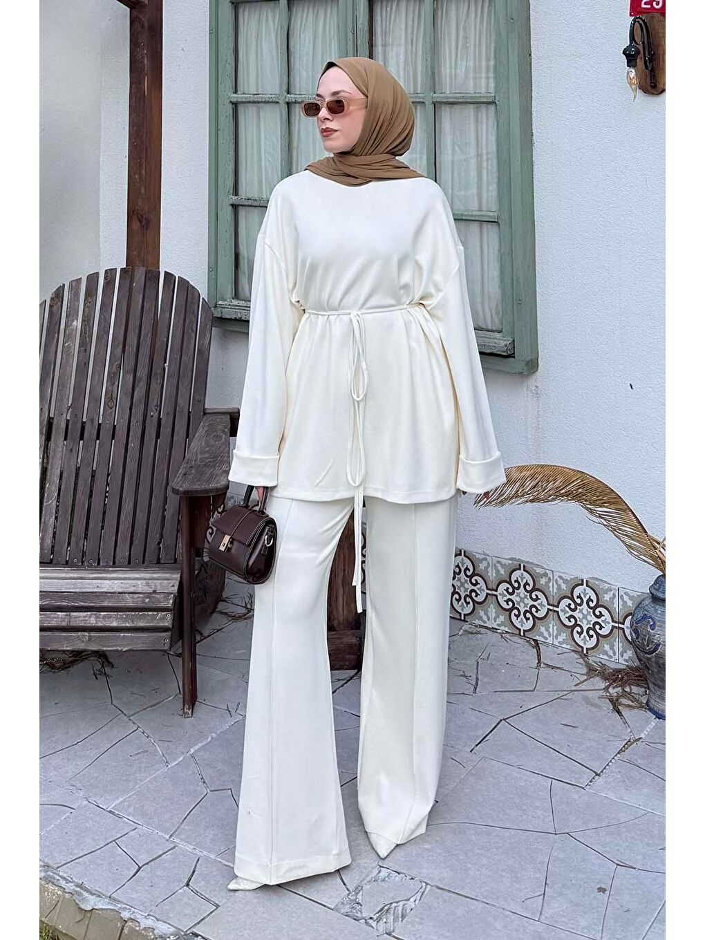 Ekru İkili Tesettür Takım Krem