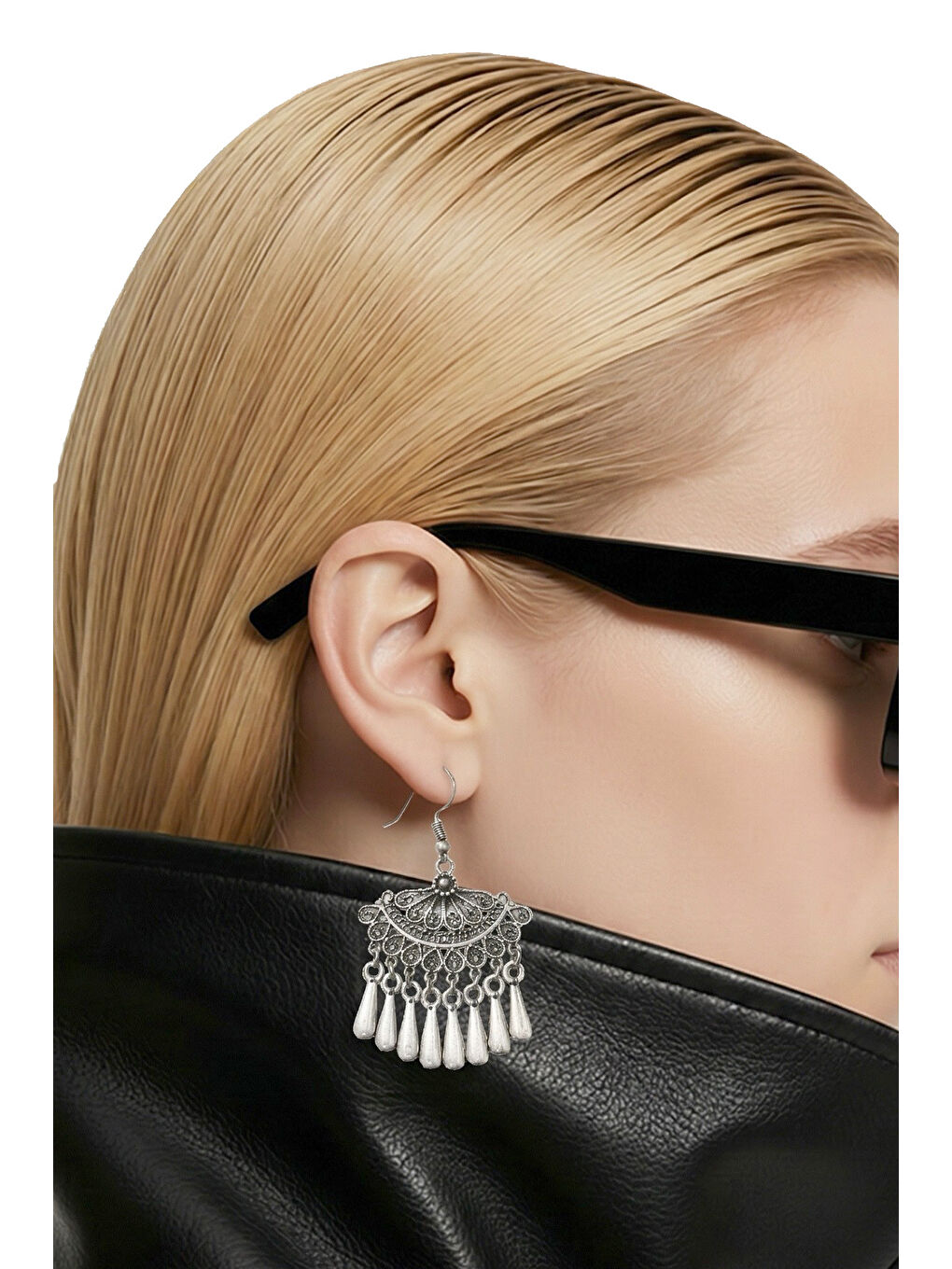 Gri Kadın Antik Gümüş Kaplama Telkari Görünümlü Küpe-3