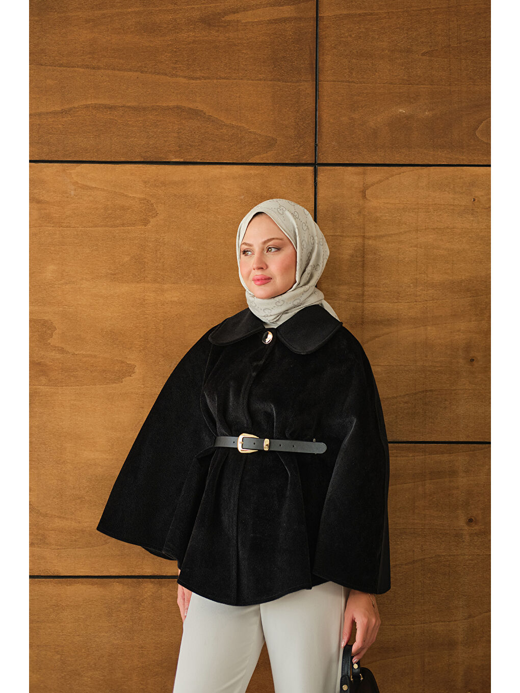 Kadın Kemerli Pelüş Panço Siyah-4