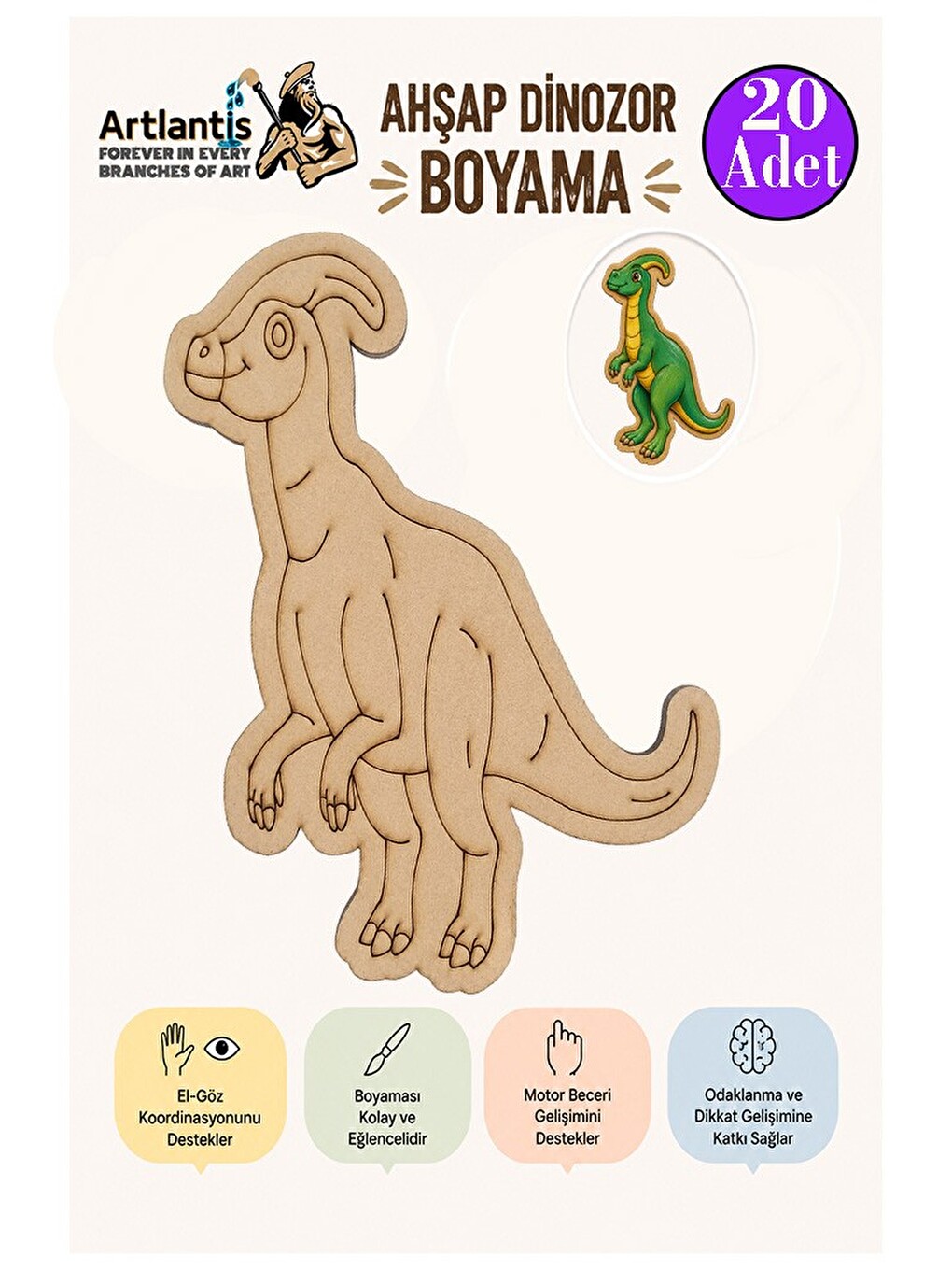 Ahşap Boyama Dinozorlar 20 Adet 10x15 Dinozor Boyama Figürü Etkinlik Çocuk Gelişim Motor Beceri Anas