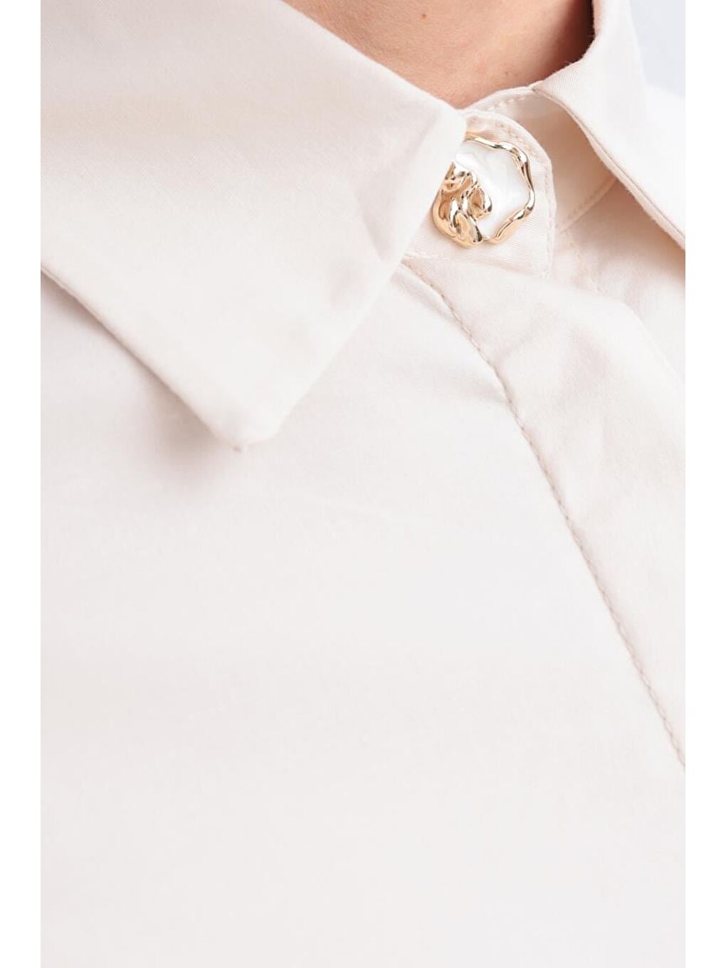 Bej Taş-Kolu Büzgülü Poplin Gömlek-3