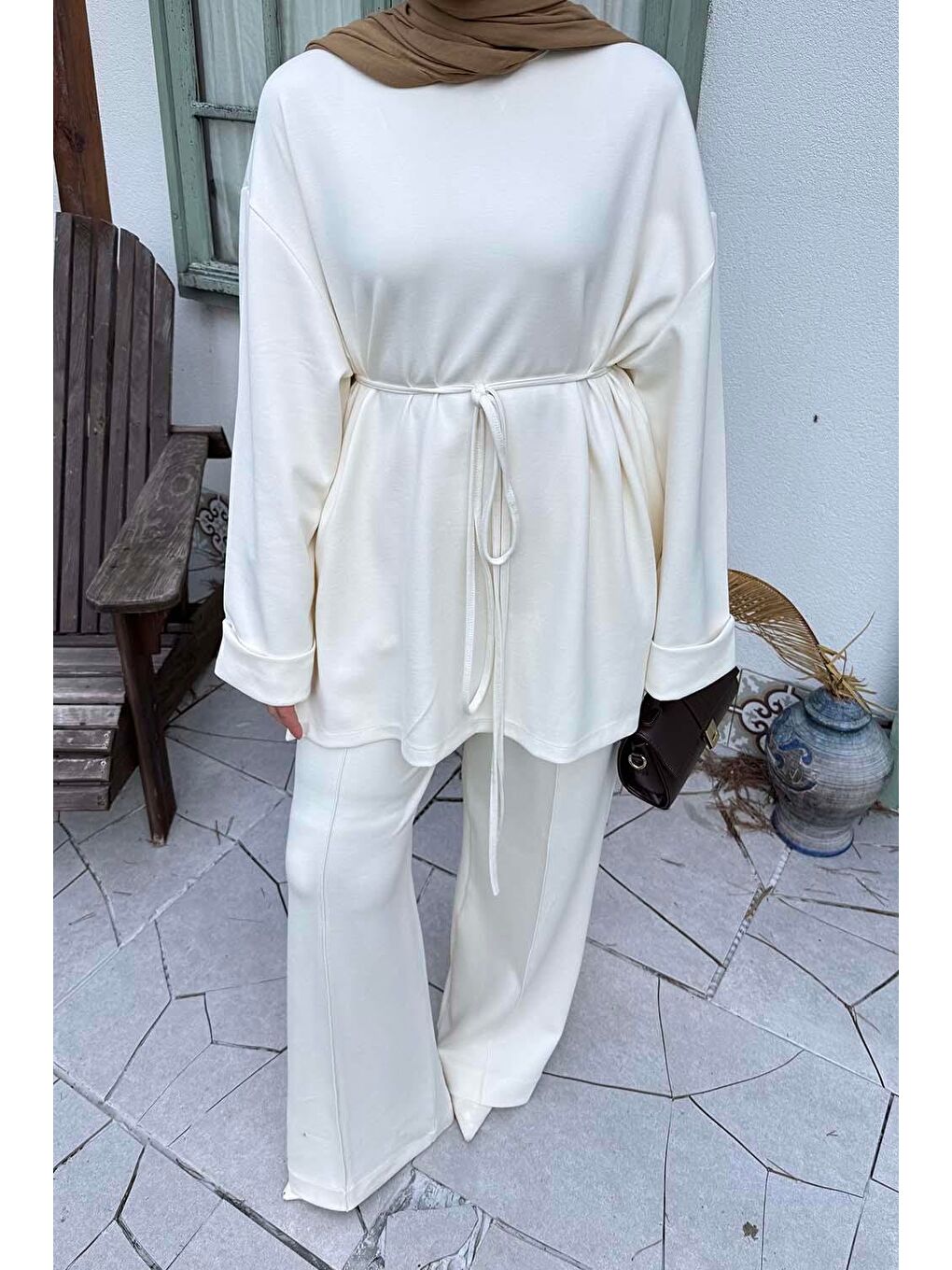 Ekru İkili Tesettür Takım Krem-2