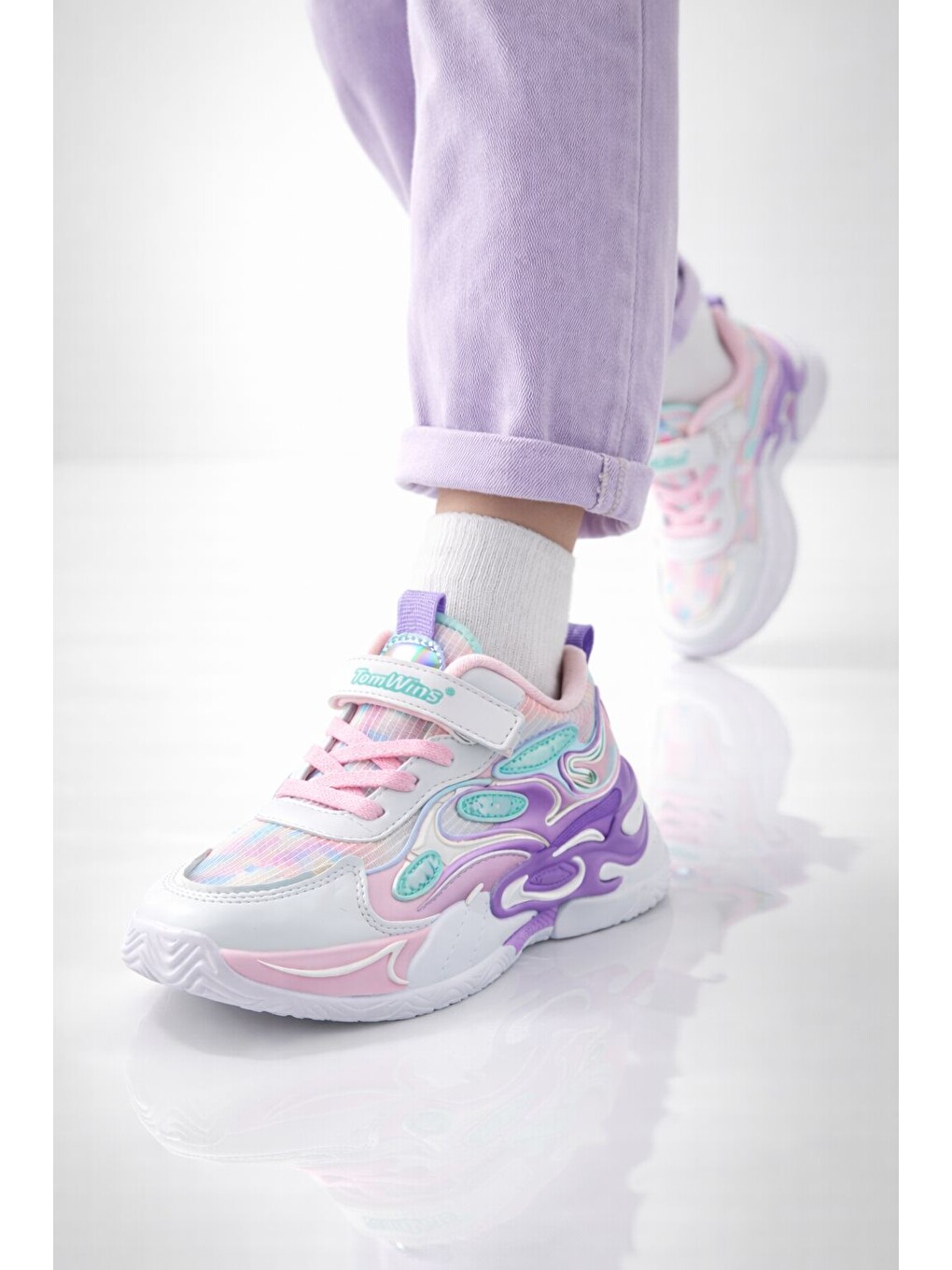 Beyaz Unisex Pastel Renkli Işıltılı Kalın Taban Ortopedik Günlük Spor Ayakkabı Cırtlı Sneaker-2
