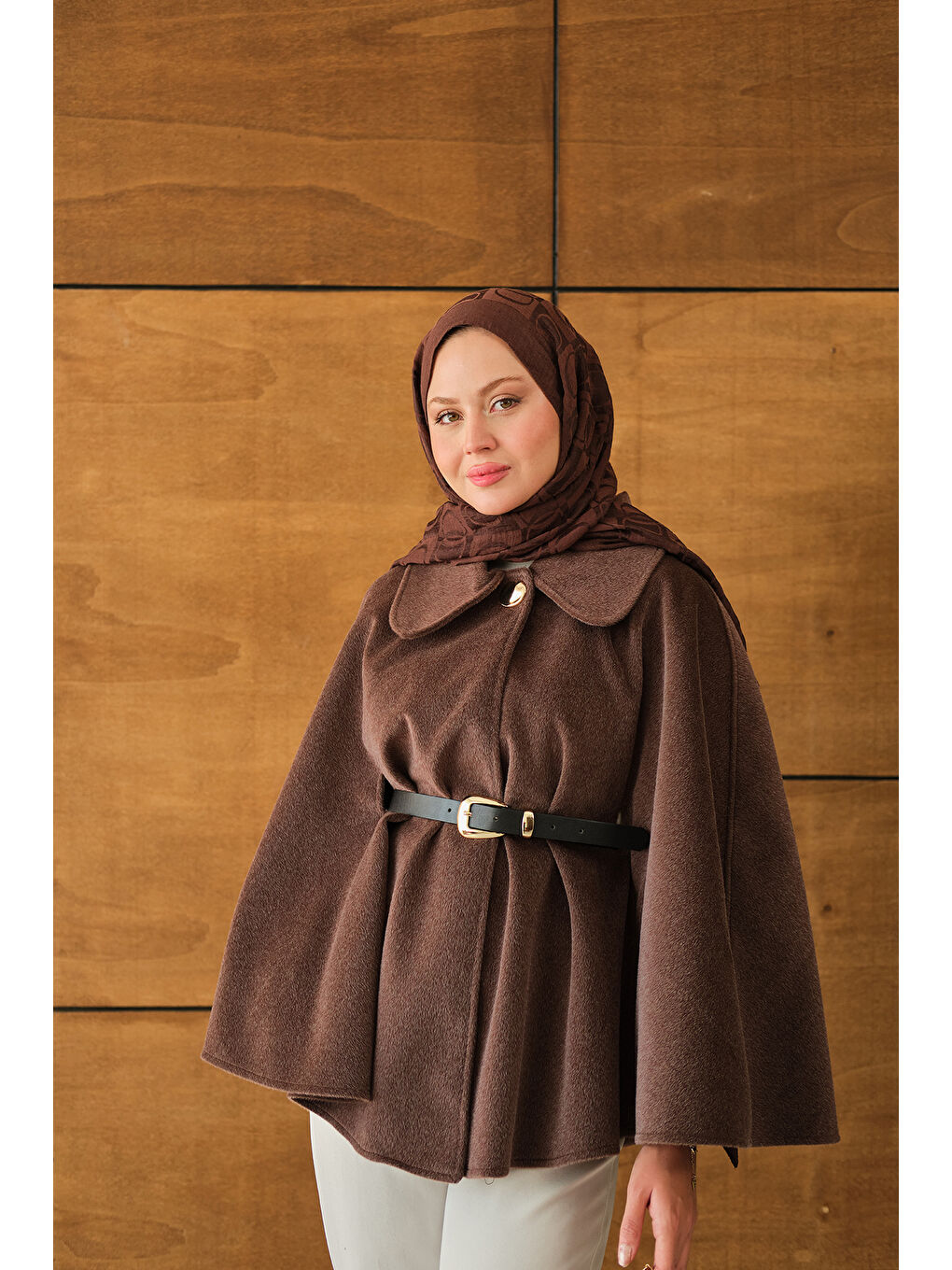 Kadın Kemerli Pelüş Panço Kahverengi-3