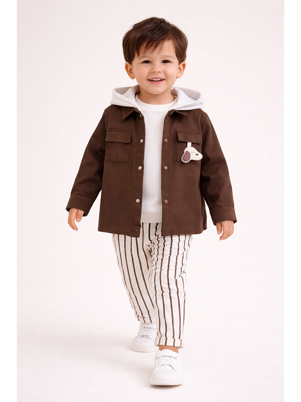 Kahverengi Erkek Çocuk Kapüşonlu Ceket-Sweatshirt-Çizgili Pantolon 3'lü Takım (2-5 Yaş)