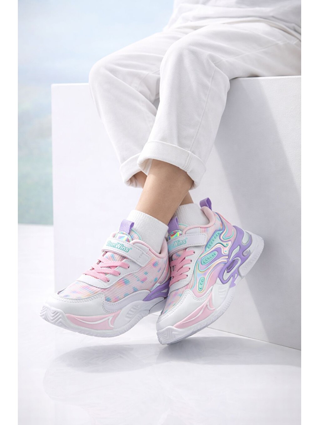 Beyaz Unisex Pastel Renkli Işıltılı Kalın Taban Ortopedik Günlük Spor Ayakkabı Cırtlı Sneaker-3