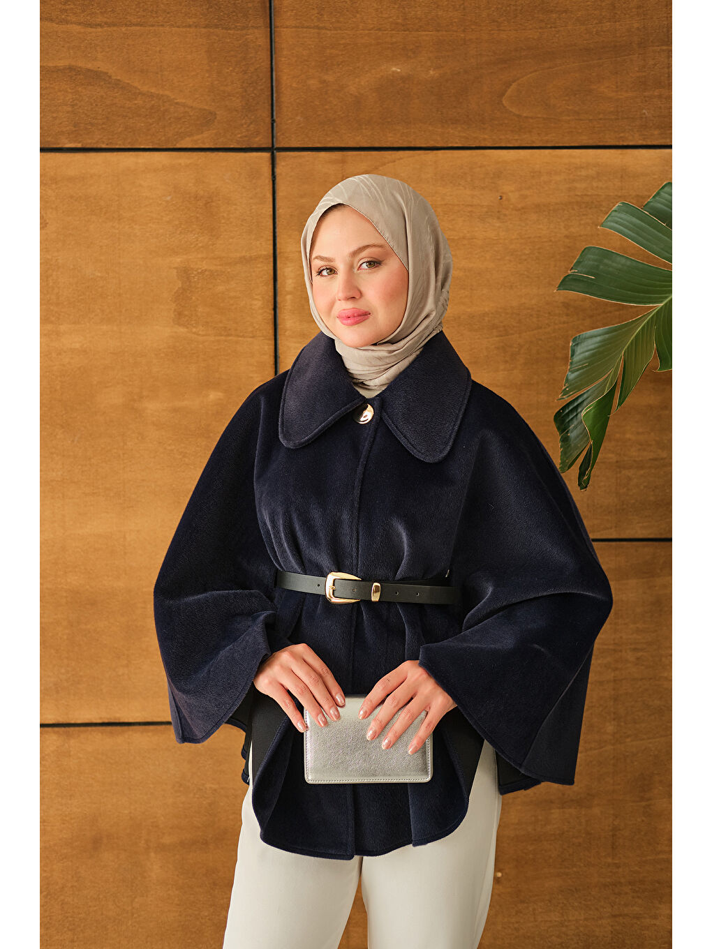 Kadın Kemerli Pelüş Panço Lacivert-3