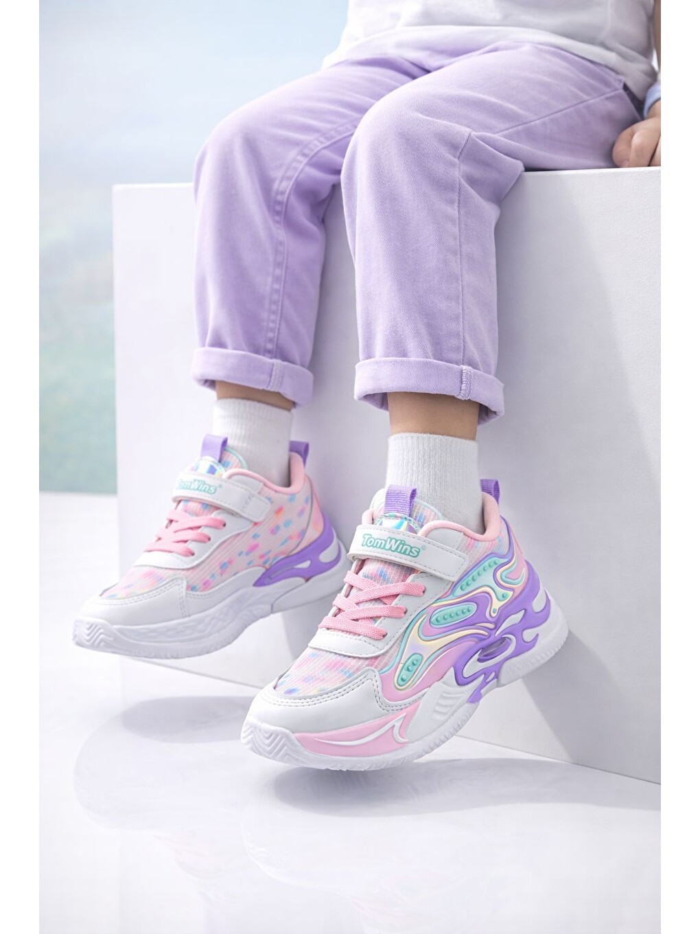 Beyaz Unisex Pastel Renkli Işıltılı Kalın Taban Ortopedik Günlük Spor Ayakkabı Cırtlı Sneaker-4