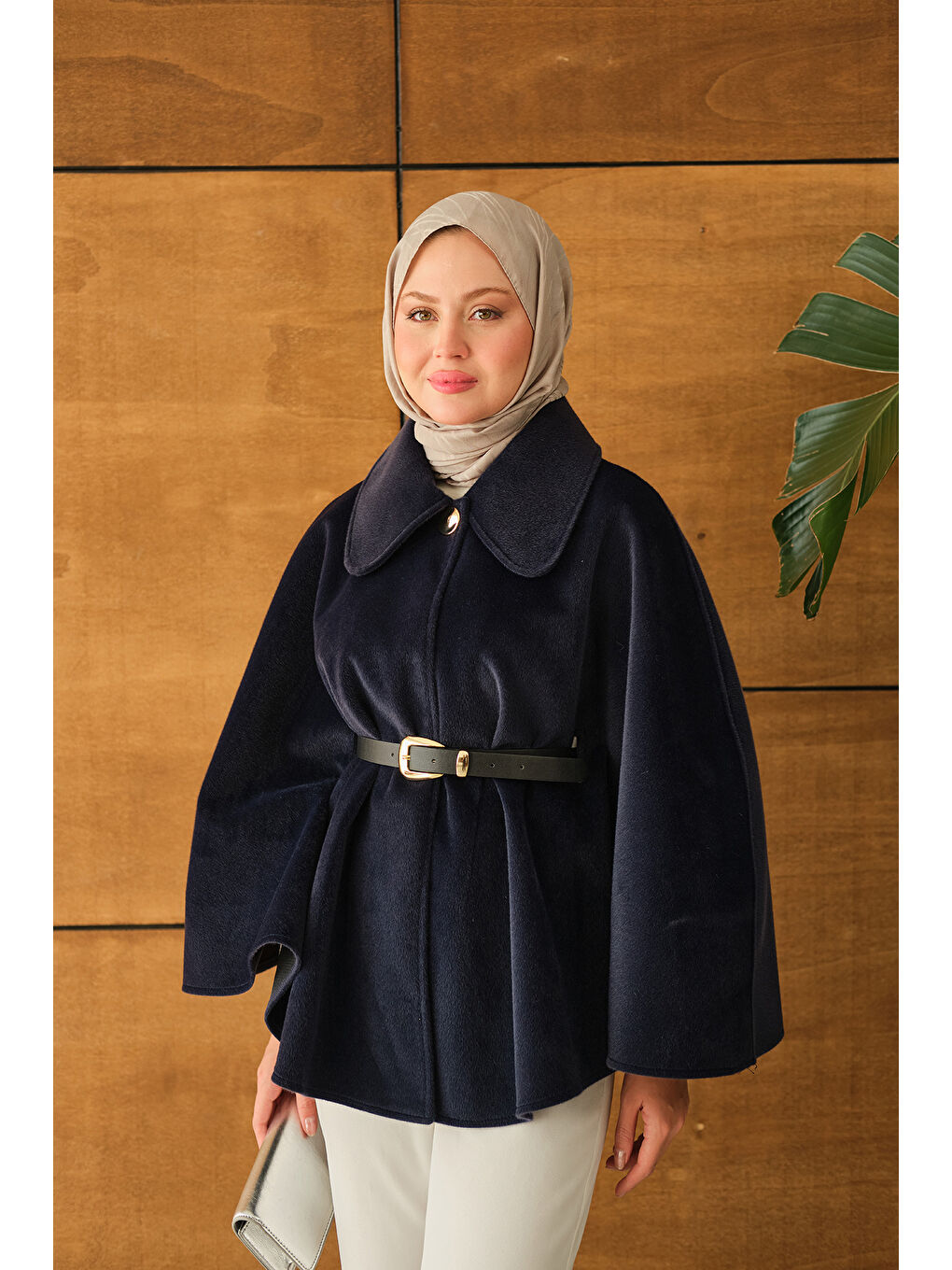 Kadın Kemerli Pelüş Panço Lacivert-4