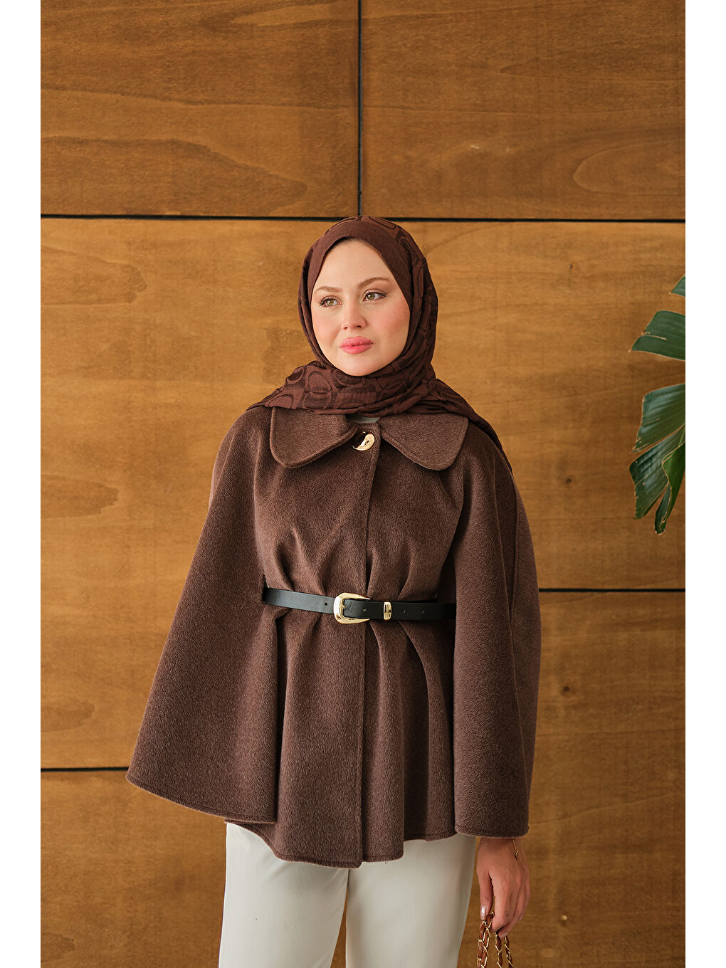 Kadın Kemerli Pelüş Panço Kahverengi-4