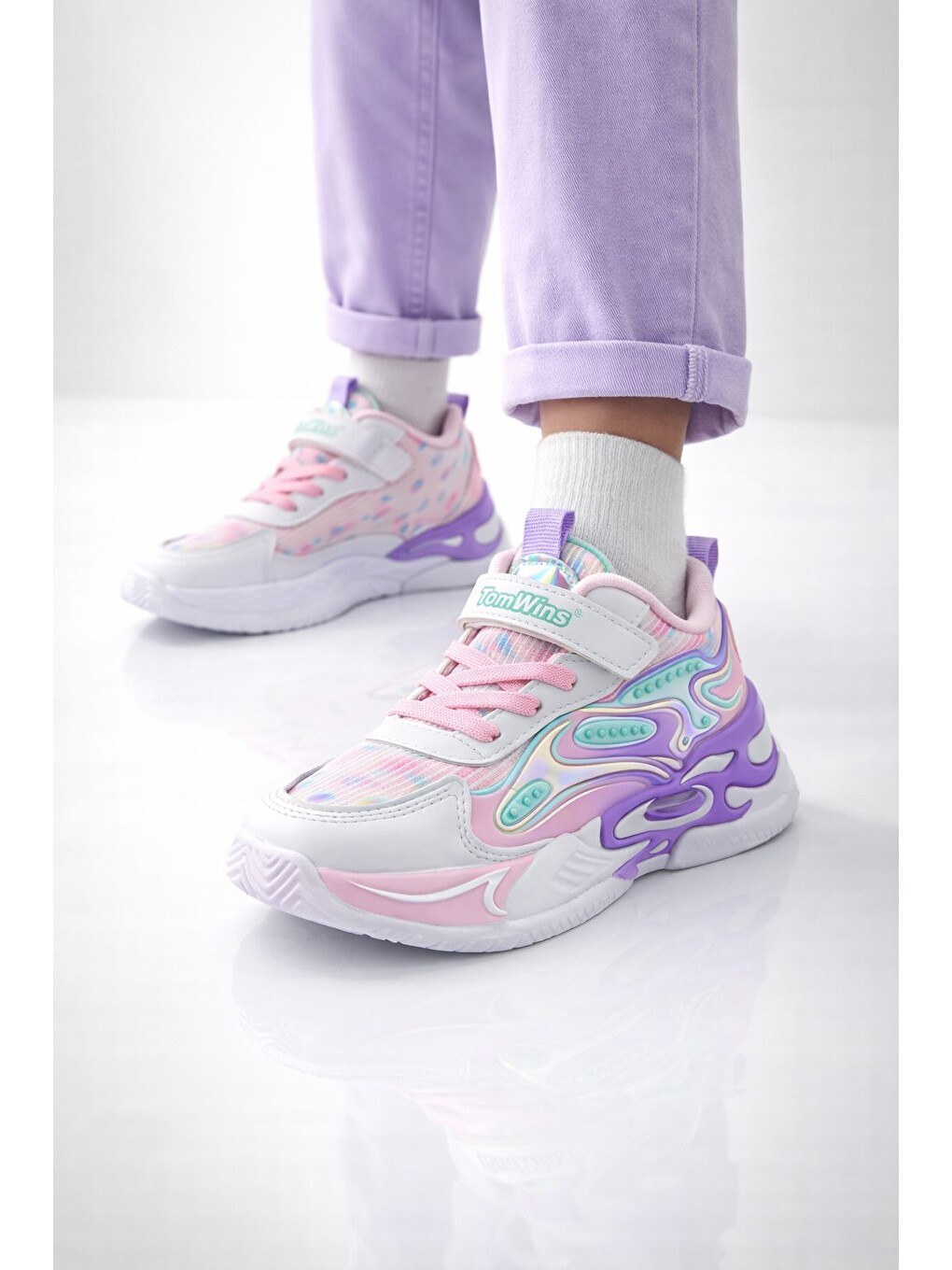 Beyaz Unisex Pastel Renkli Işıltılı Kalın Taban Ortopedik Günlük Spor Ayakkabı Cırtlı Sneaker-5
