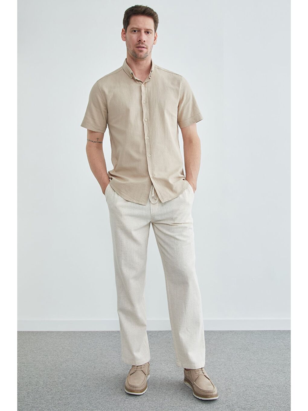 Bej Beli Bağlamalı Keten Görünümlü Pantolon