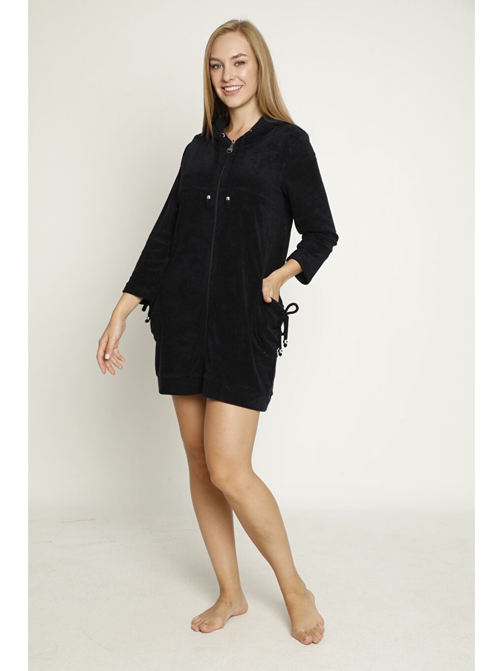 Lacivert Kapüşonlu Uzun Kollu Cepli Fermuarlı Pamuklu Kadife Elbise-2