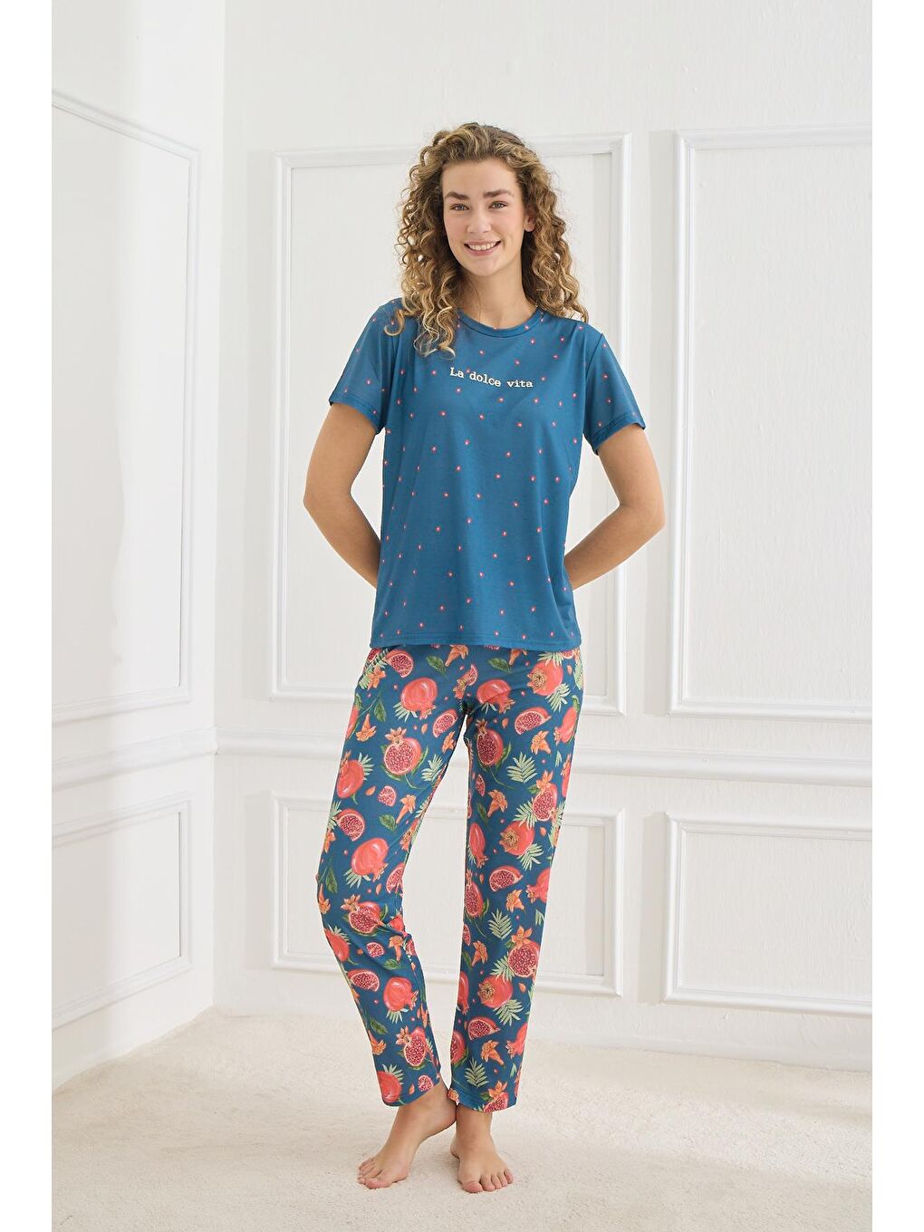 Kadın Desenli Elastanlı Süprem Bisiklet Yaka Pijama Takım | İndigo 70109-927