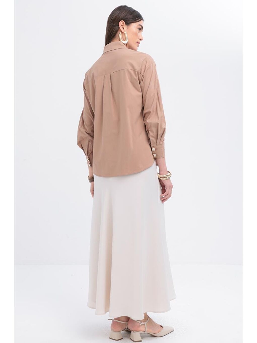 Bej Vizon-Kolu Büzgülü Poplin Gömlek-2