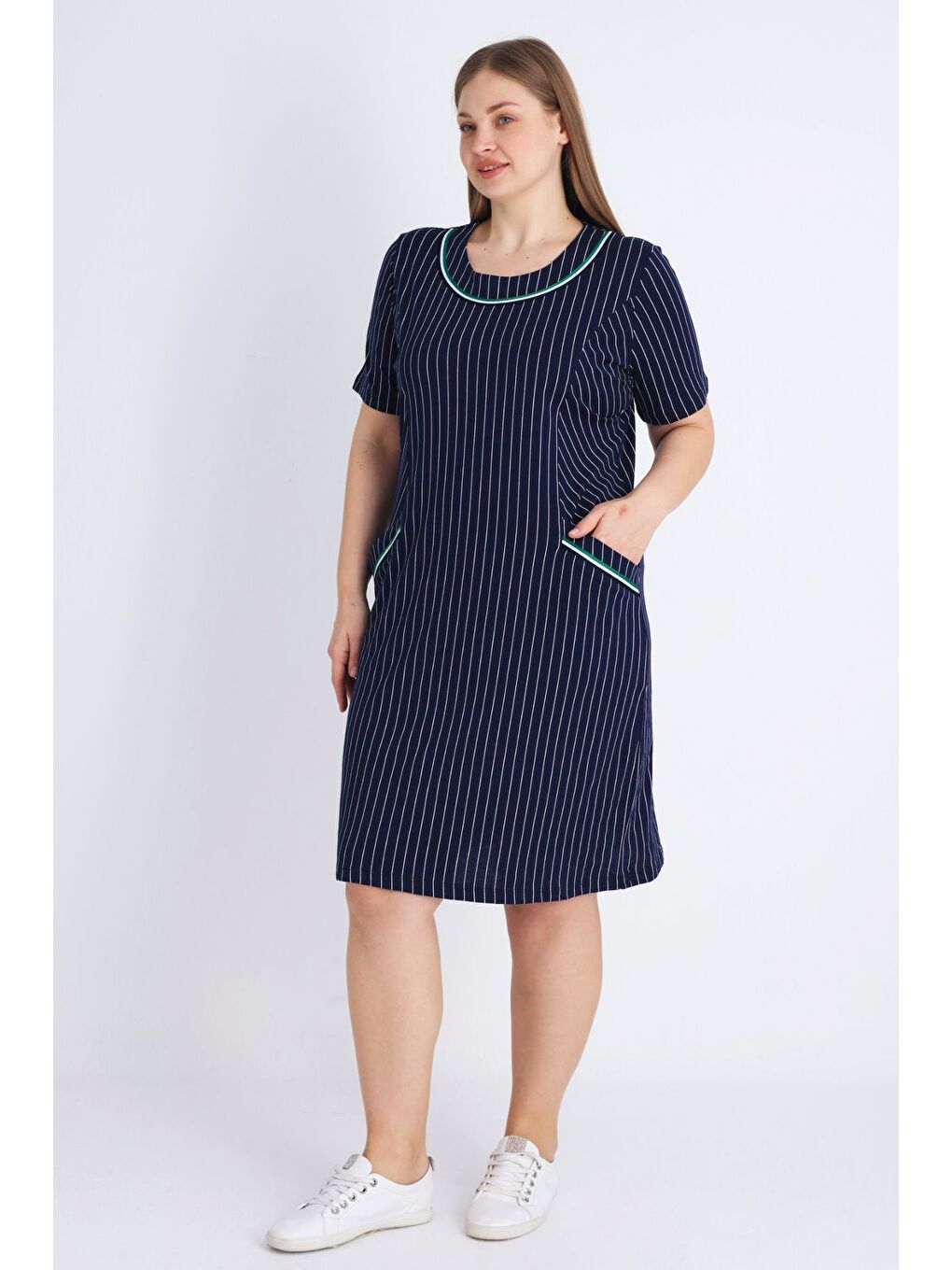 Kadın Lacivert Kısa Kollu Biyel Büyük Beden Pamuklu Elbise-2