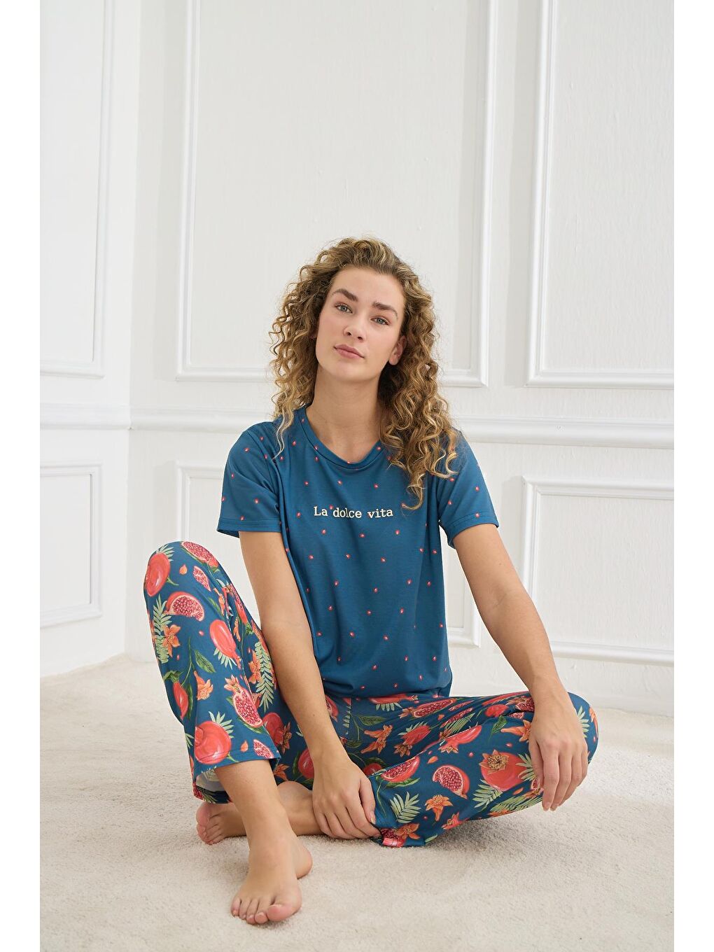 Kadın Desenli Elastanlı Süprem Bisiklet Yaka Pijama Takım | İndigo 70109-927-1