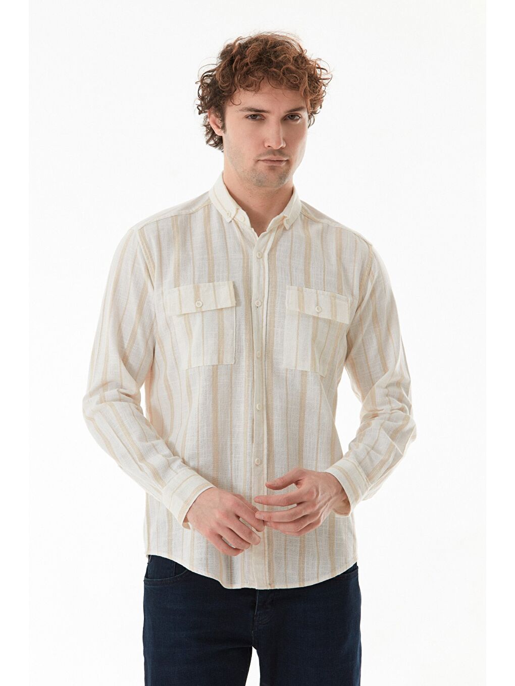 Bej Çizgili Çift Cepli Düğmeli Gömlek