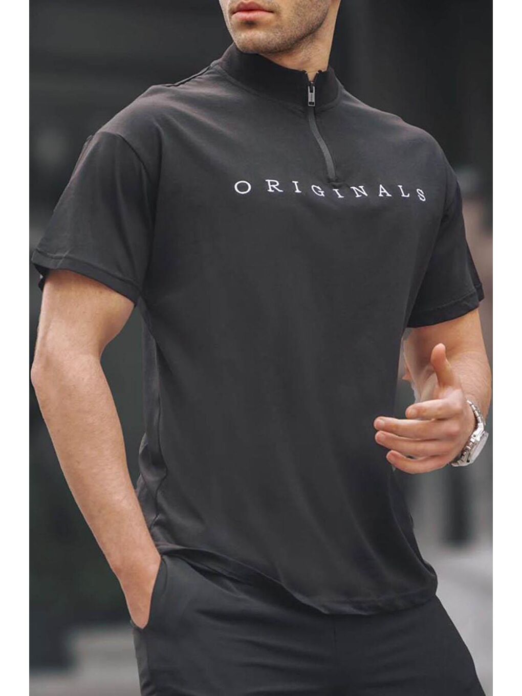 Siyah Fermuar Yaka Erkek %100 Pamuk Tişört 5858-2