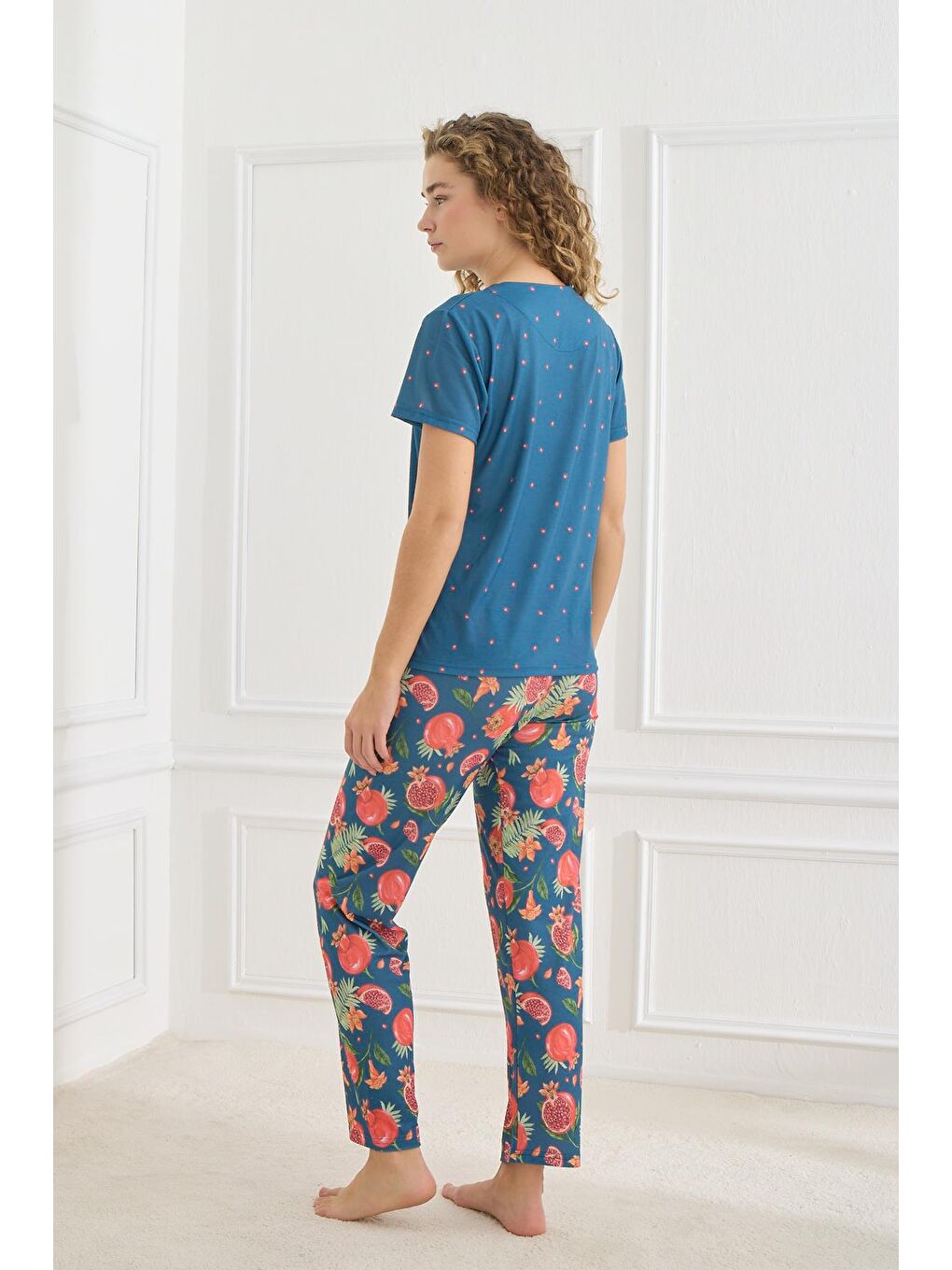 Kadın Desenli Elastanlı Süprem Bisiklet Yaka Pijama Takım | İndigo 70109-927-2