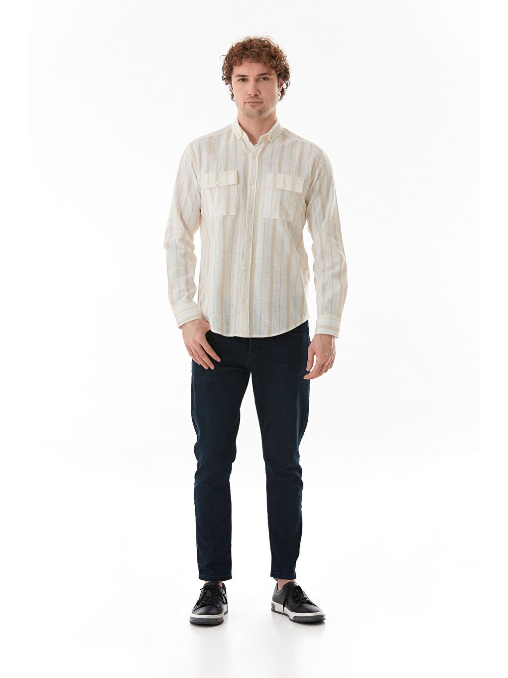 Bej Çizgili Çift Cepli Düğmeli Gömlek-1