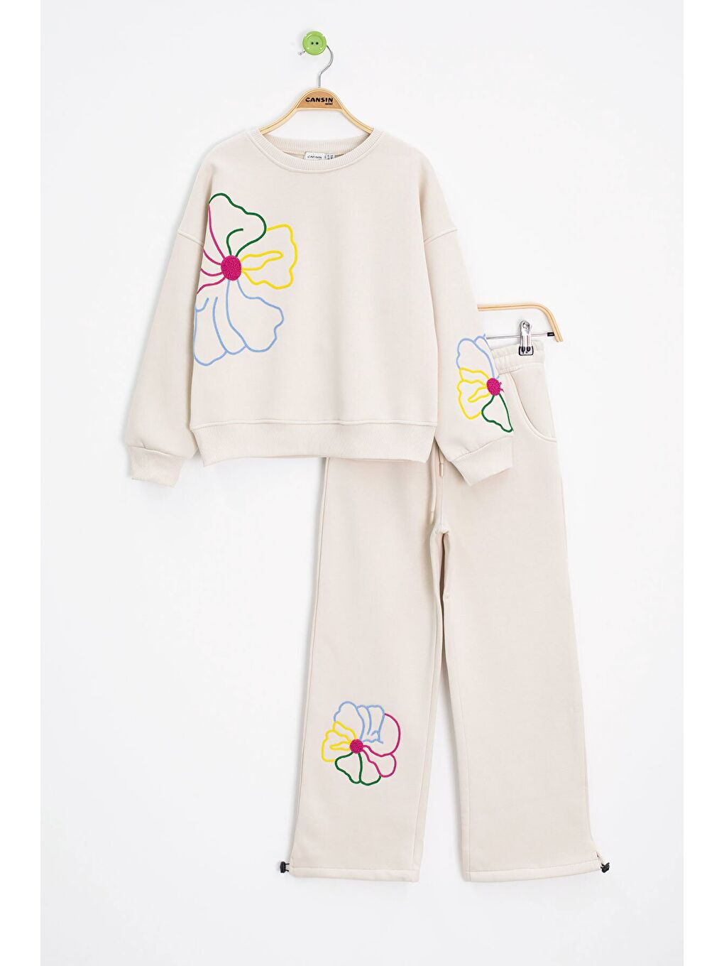 Ekru Krem Çiçek Nakış Detaylı Geniş Paça Kız Çocuk Şardonlu Takım 23284-3