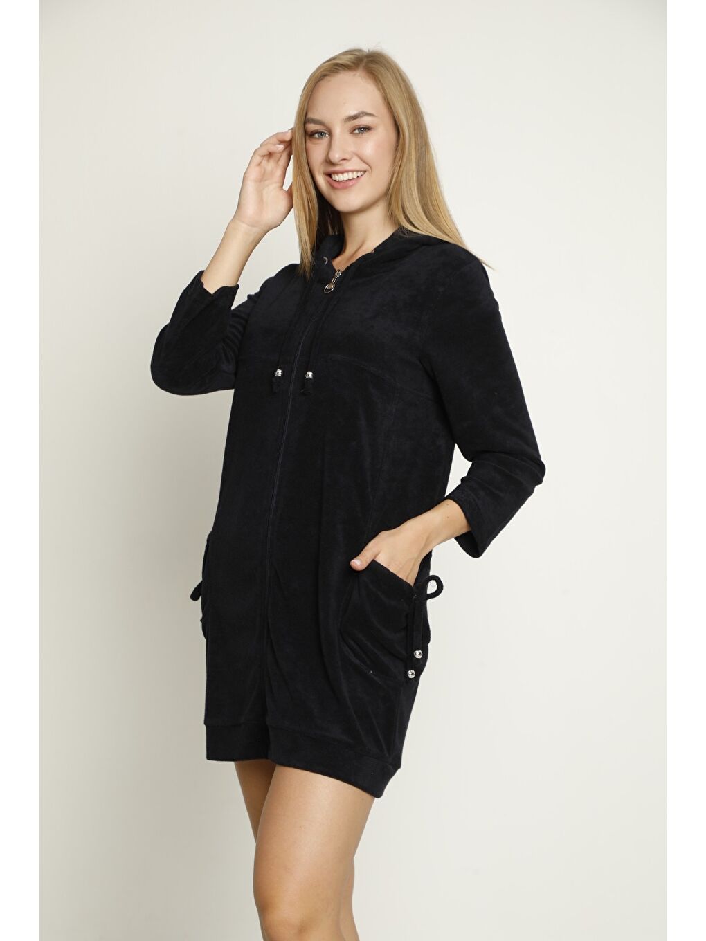 Lacivert Kapüşonlu Uzun Kollu Cepli Fermuarlı Pamuklu Kadife Elbise-3
