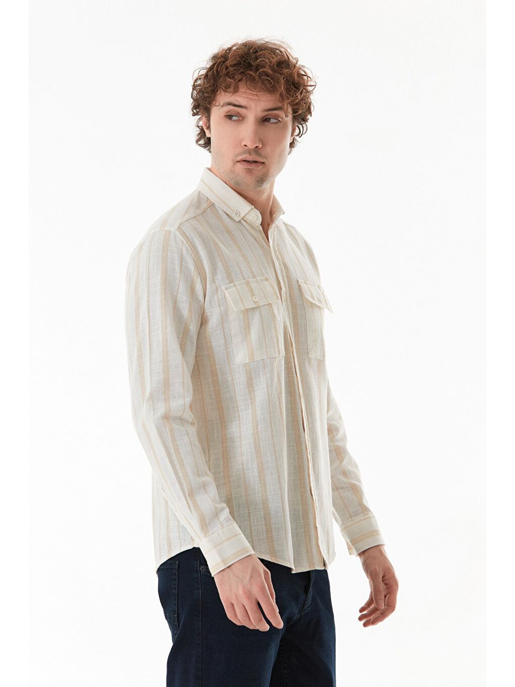 Bej Çizgili Çift Cepli Düğmeli Gömlek-2