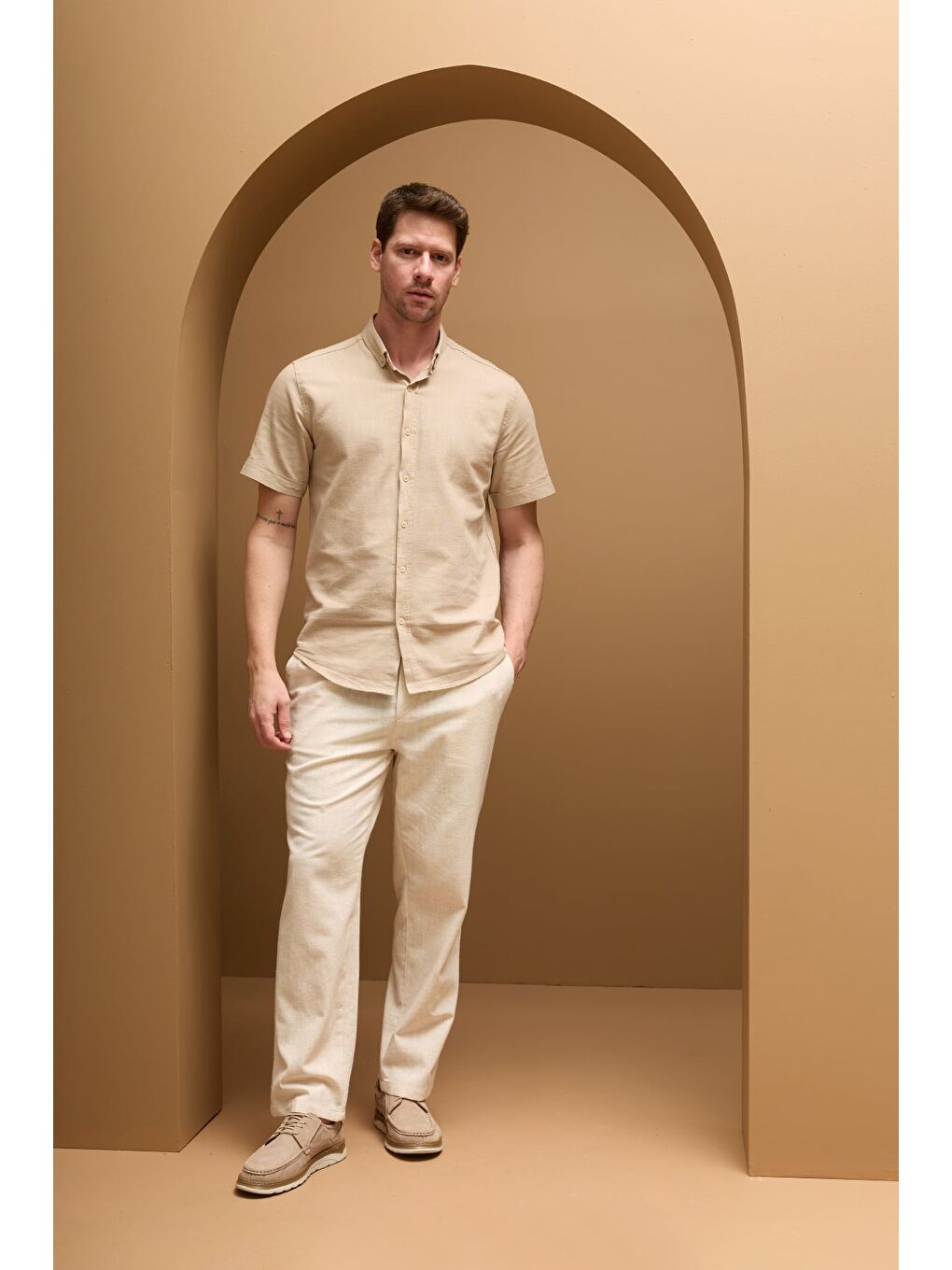 Bej Beli Bağlamalı Keten Görünümlü Pantolon-1