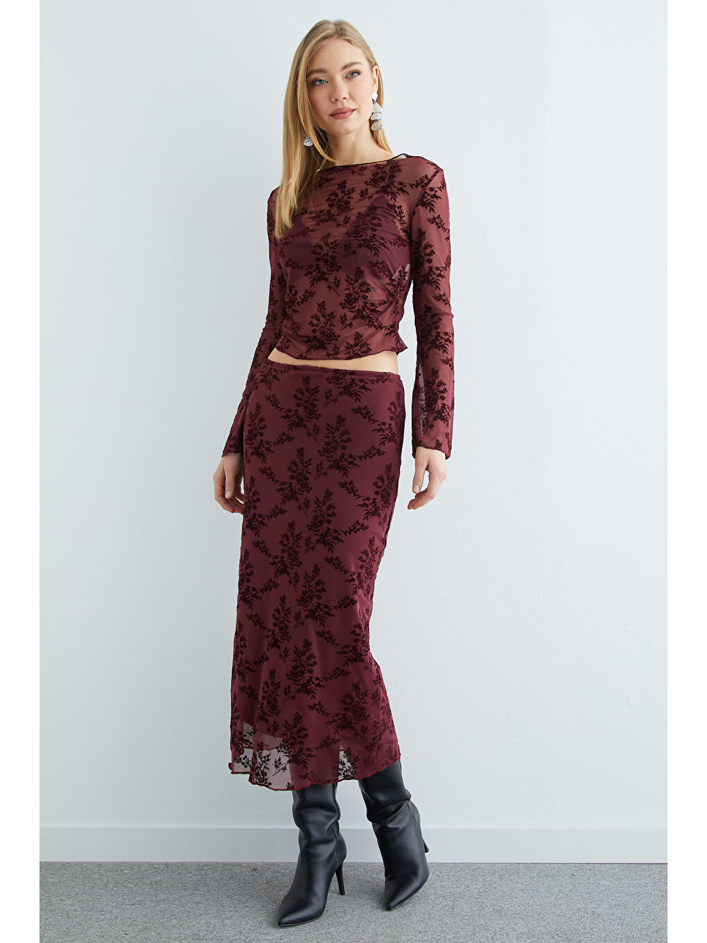 Bordo Beli Lastikli Çiçek Kabartmalı Astarlı Tül Etek-2