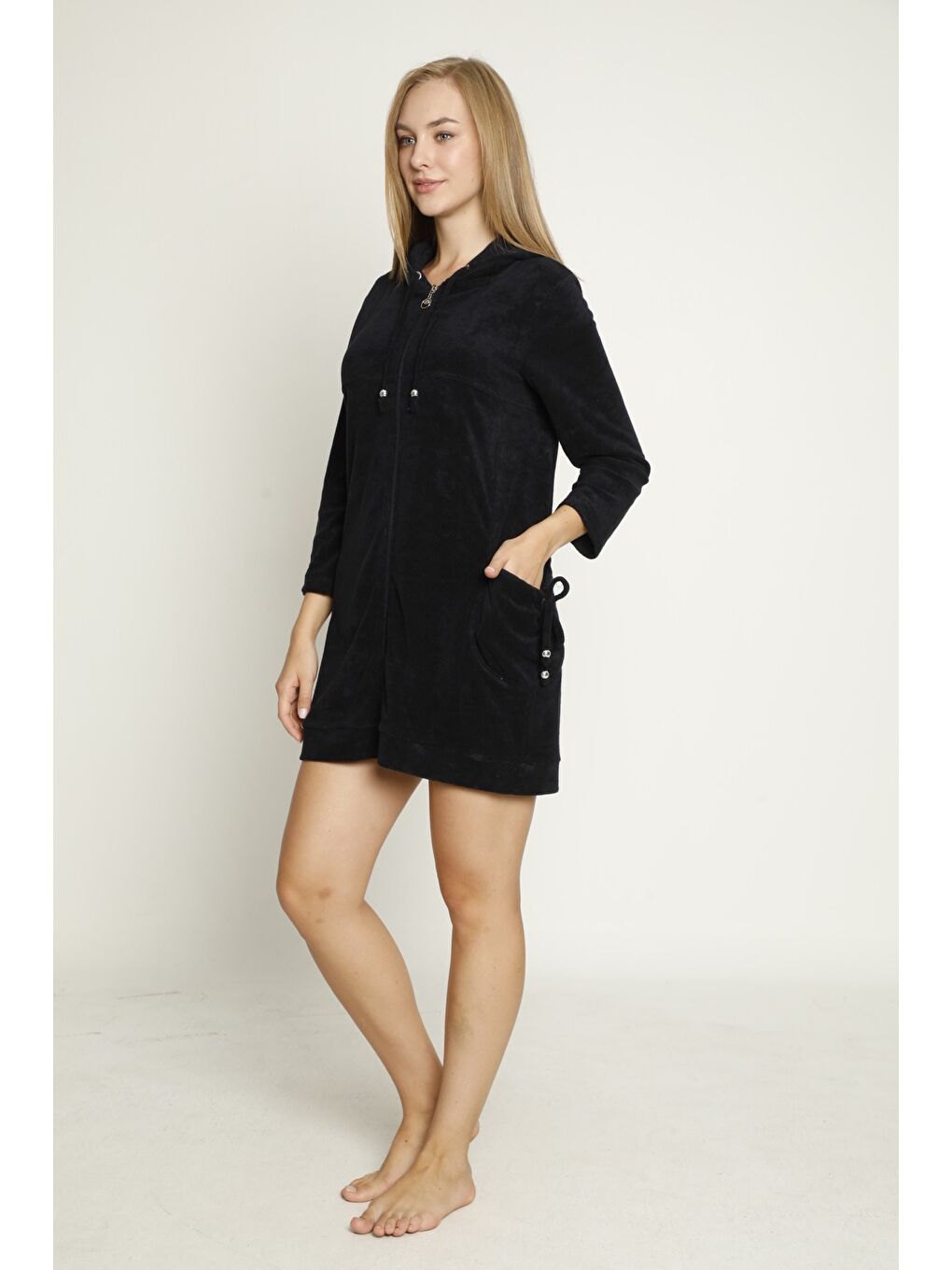 Lacivert Kapüşonlu Uzun Kollu Cepli Fermuarlı Pamuklu Kadife Elbise-4