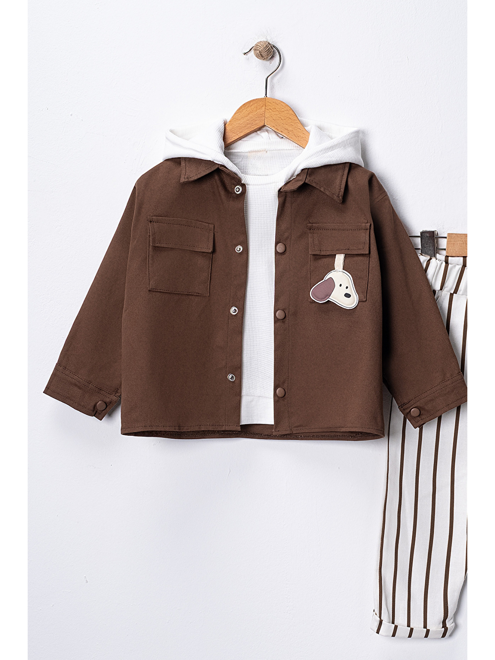 Kahverengi Erkek Çocuk Kapüşonlu Ceket-Sweatshirt-Çizgili Pantolon 3'lü Takım (2-5 Yaş)-1