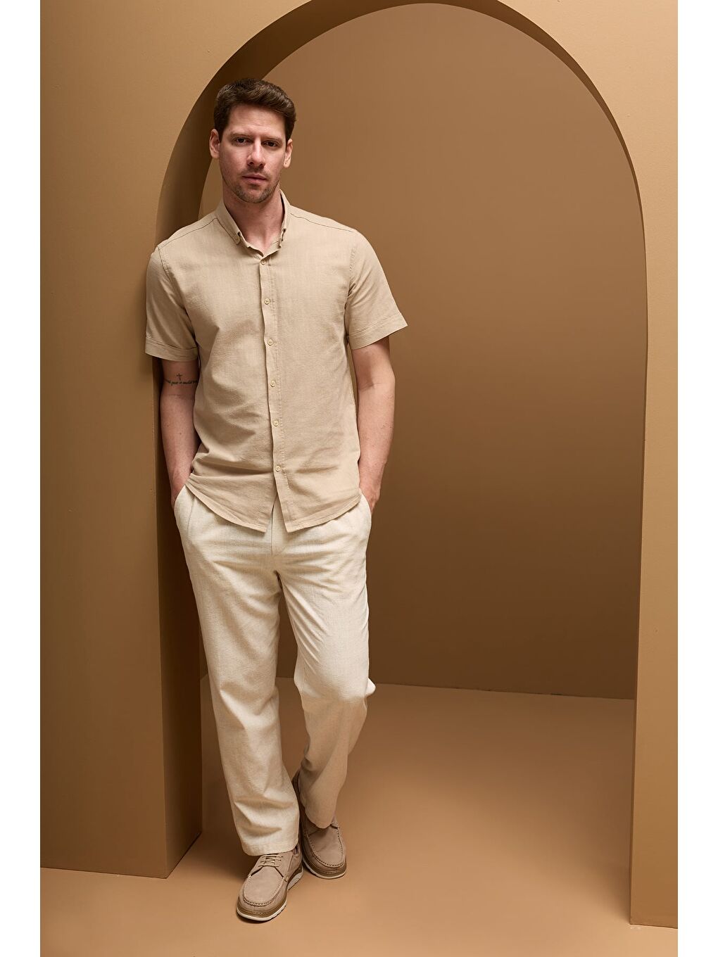 Bej Beli Bağlamalı Keten Görünümlü Pantolon-2