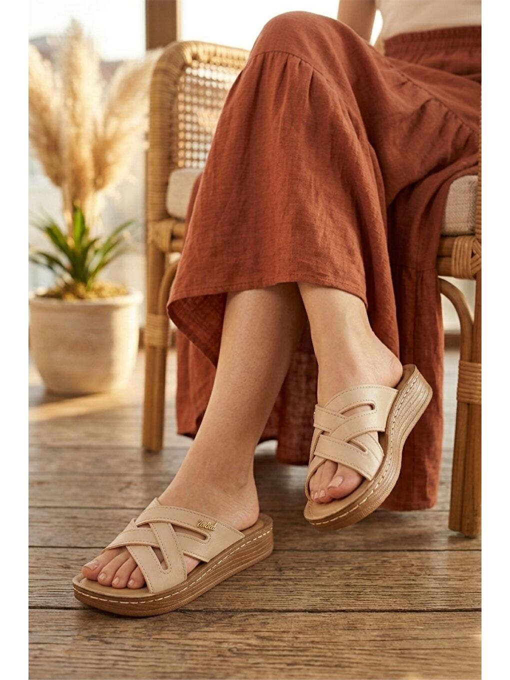 Ekru Trd 102 Bohem Stil Çapraz Bantlı Kalın Taban Terlik-1