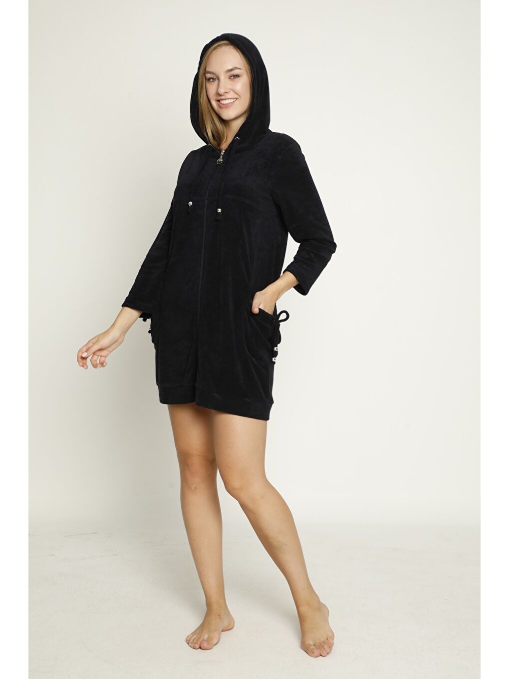 Lacivert Kapüşonlu Uzun Kollu Cepli Fermuarlı Pamuklu Kadife Elbise-5