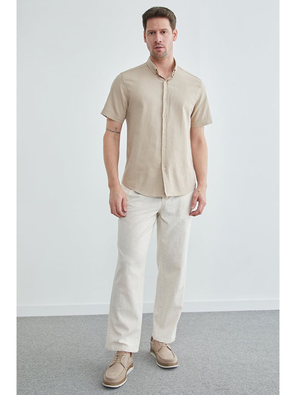 Bej Beli Bağlamalı Keten Görünümlü Pantolon-3