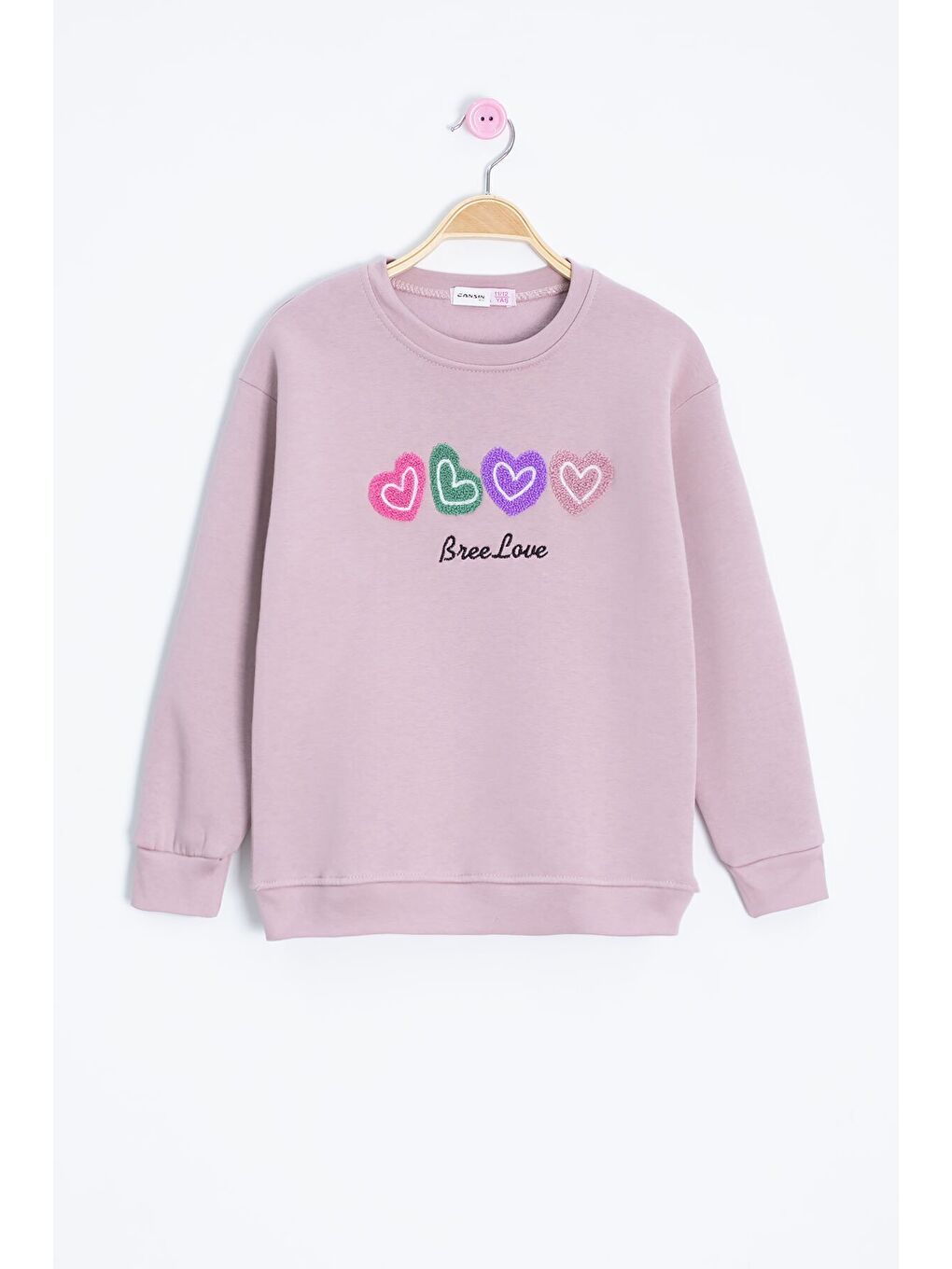 Pembe Somon Kalp Nakışlı Bisiklet Yaka Kız Çocuk Şardonlu Sweatshirt 23253