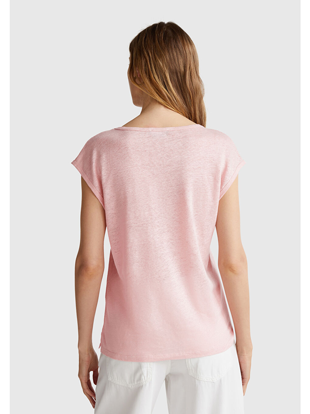 Kadın Pembe %100 Keten Yanları Yırtmaçlı Relax Fit Yuvarlak Yaka T-Shirt-2